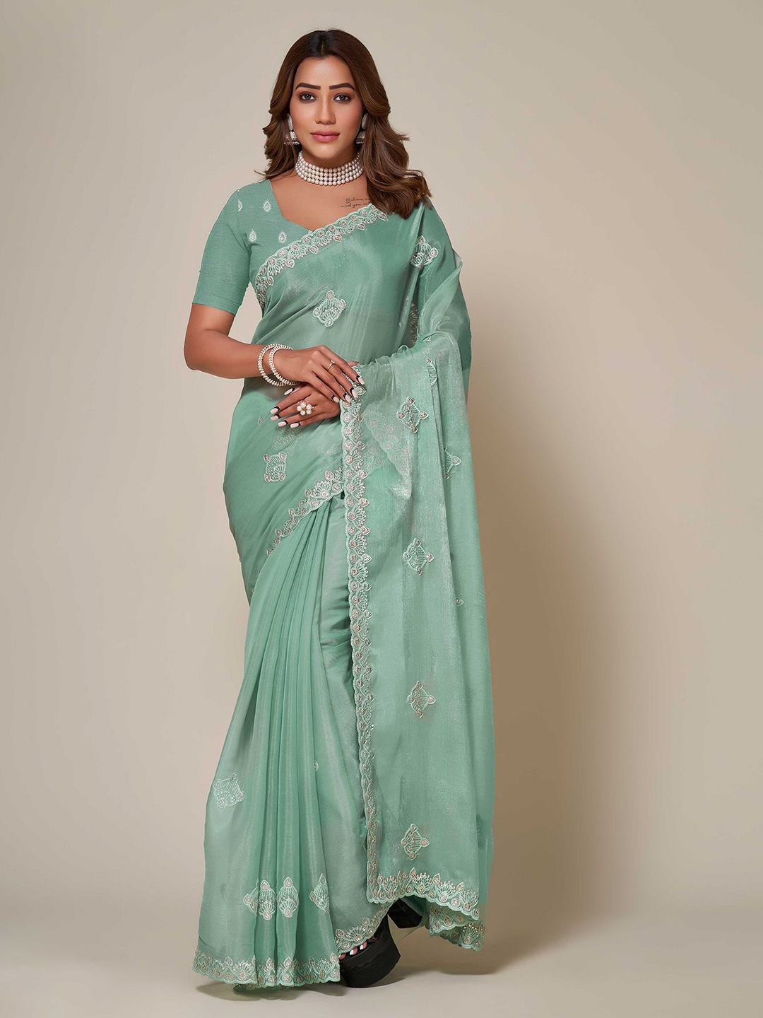 

choiceit Ethnic Motifs Embroidered Silk Blend Maheshwari Saree, Turquoise blue
