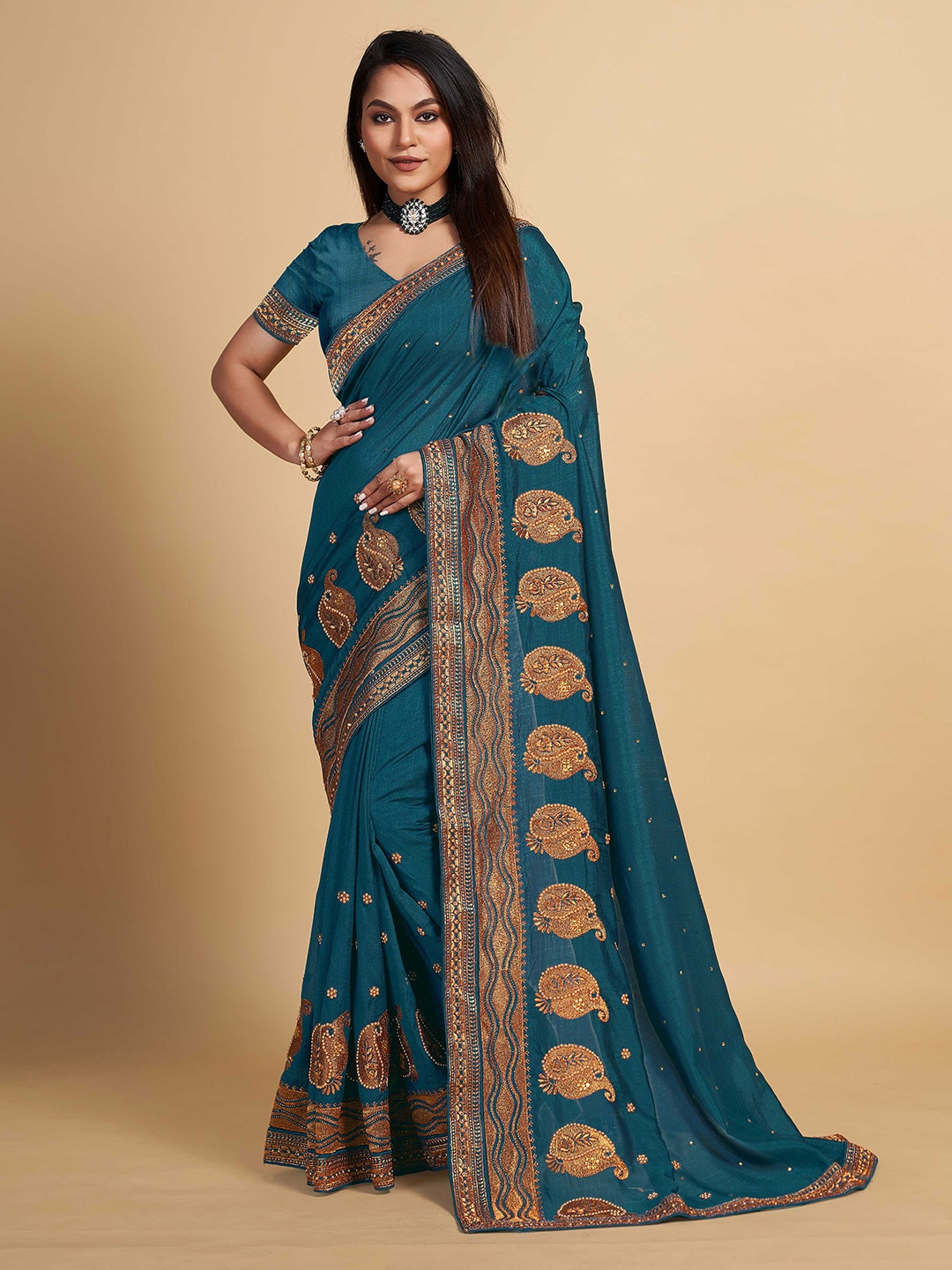 

choiceit Ethnic Motifs Embroidered Silk Blend Maheshwari Saree, Turquoise blue