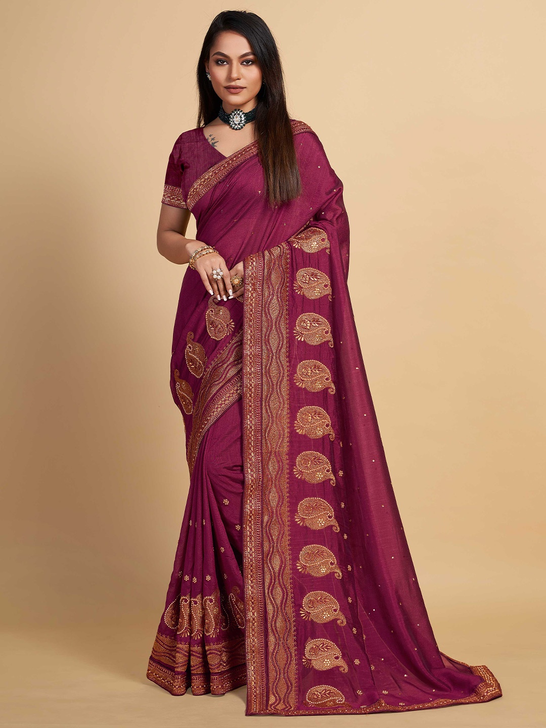 

choiceit Ethnic Motifs Embroidered Silk Blend Maheshwari Saree, Maroon