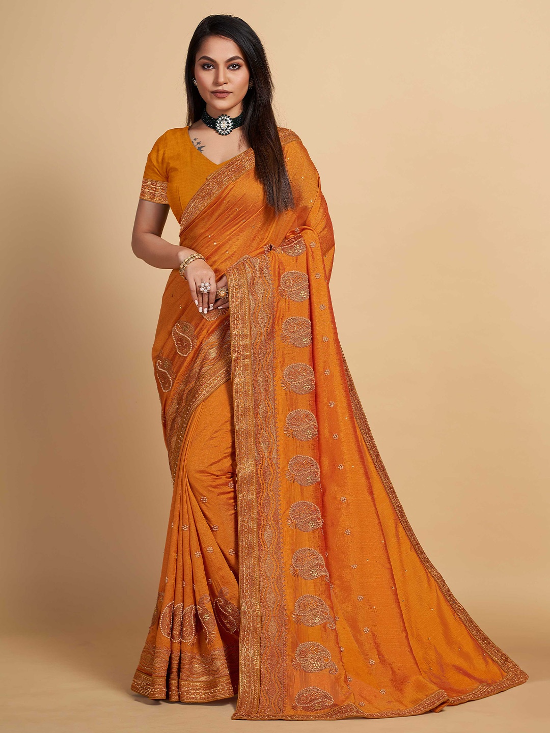 

choiceit Ethnic Motifs Embroidered Silk Blend Maheshwari Saree, Mustard
