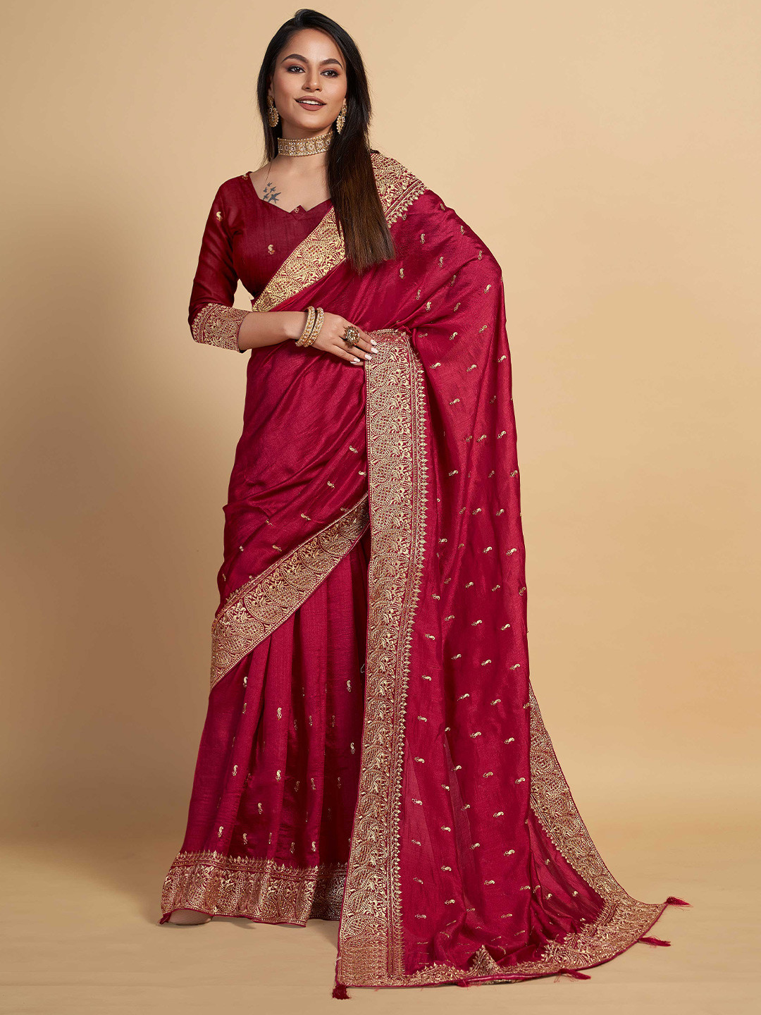 

choiceit Ethnic Motifs Embroidered Silk Blend Maheshwari Saree, Red
