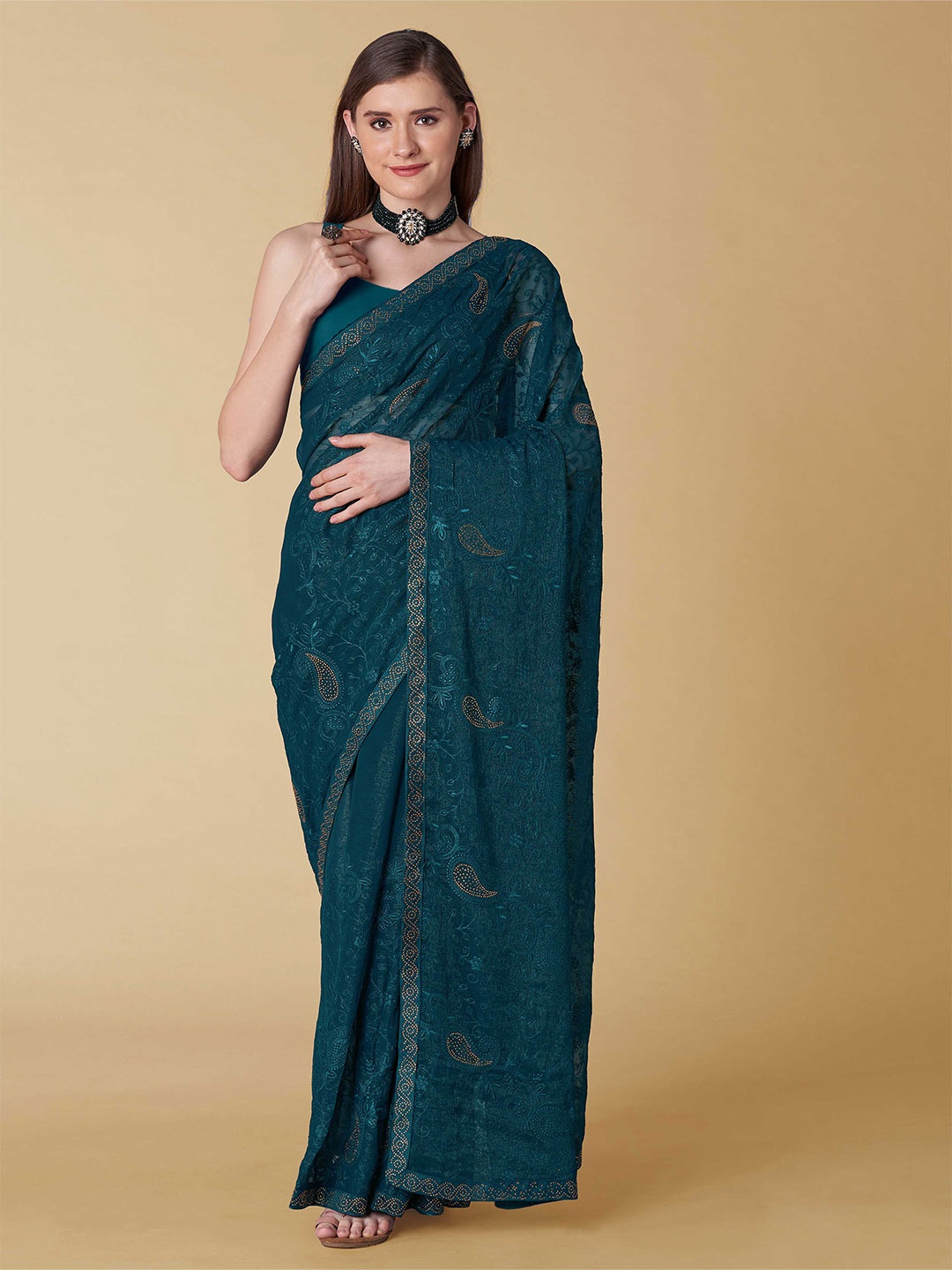 

choiceit Ethnic Motifs Embroidered Silk Blend Maheshwari Saree, Navy blue