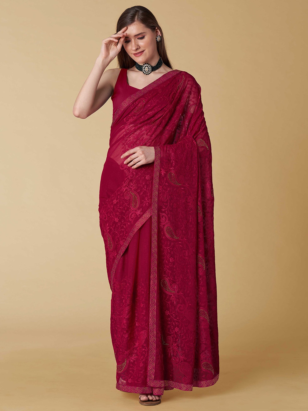 

choiceit Ethnic Motifs Embroidered Silk Blend Maheshwari Saree, Red
