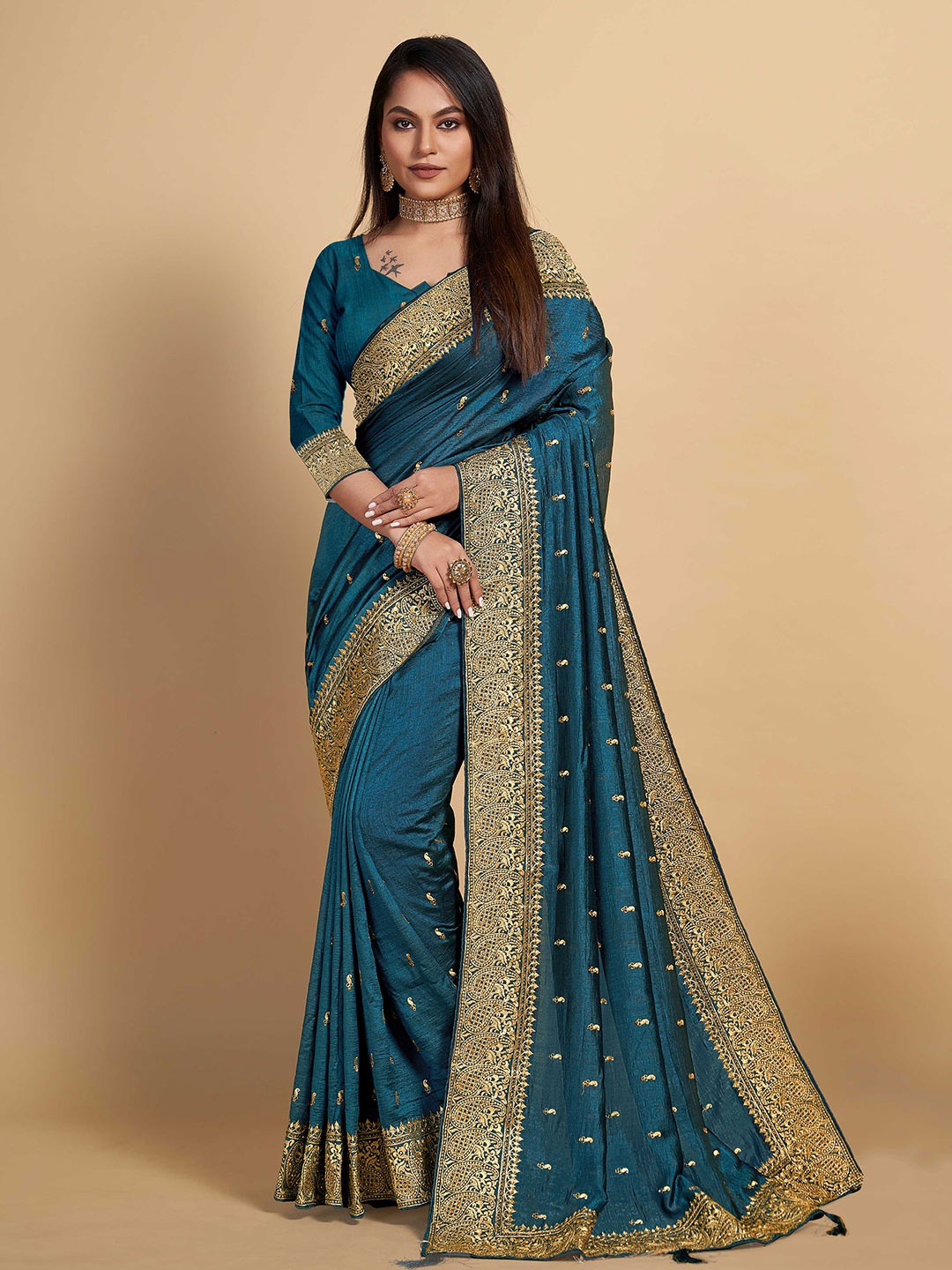 

choiceit Ethnic Motifs Embroidered Maheshwari Saree, Turquoise blue