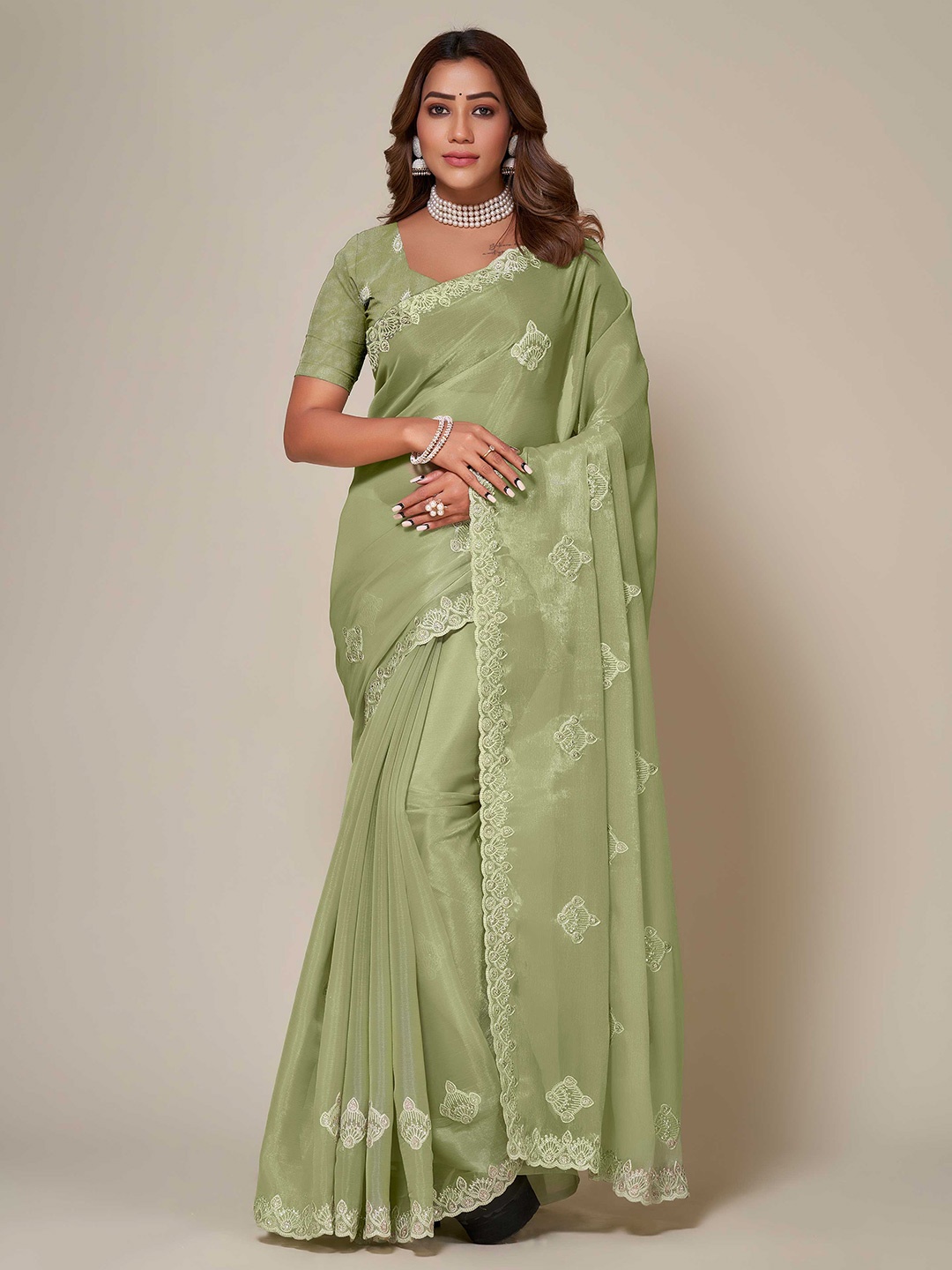 

choiceit Ethnic Motifs Embroidered Maheshwari Saree, Olive