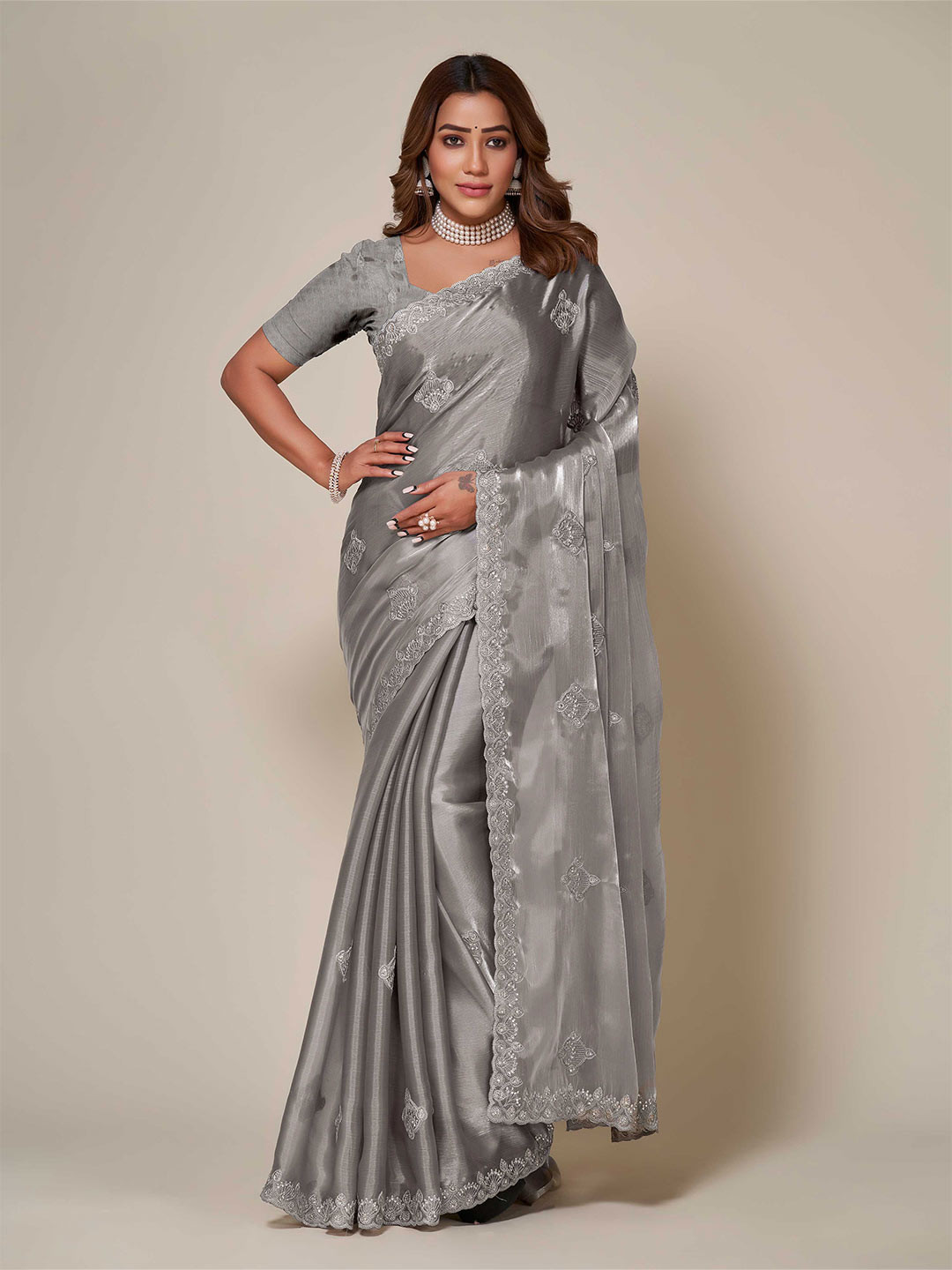 

choiceit Ethnic Motifs Embroidered Maheshwari Saree, Grey