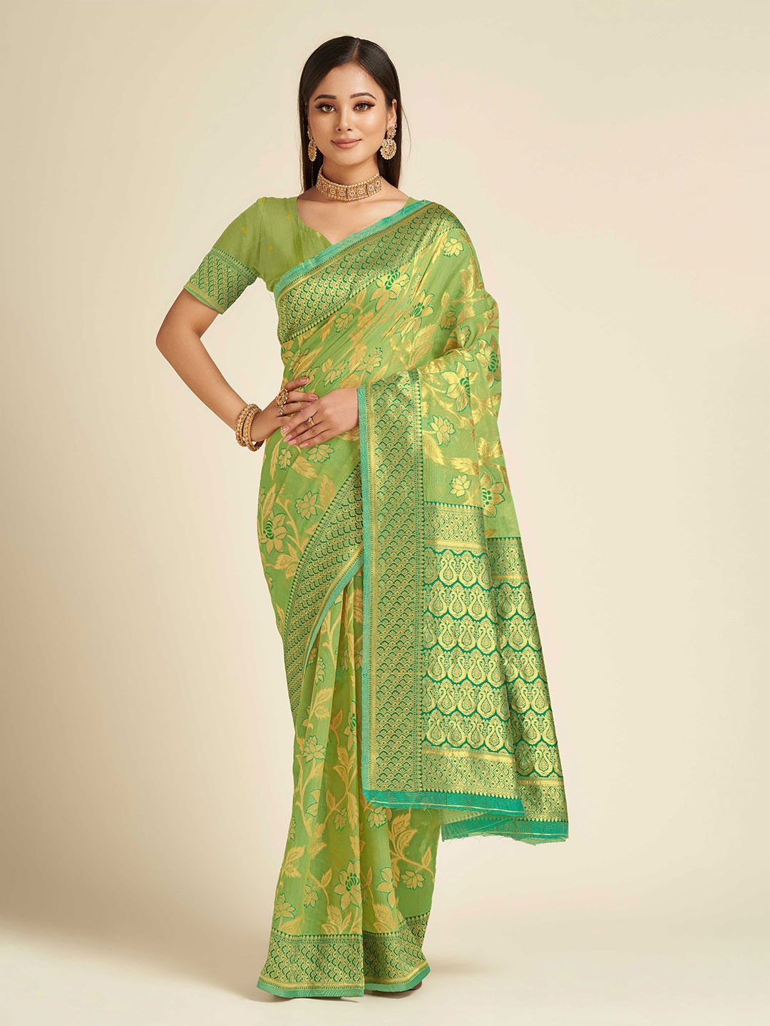 

choiceit Ethnic Motifs Zari Linen Blend Kasavu Saree, Green