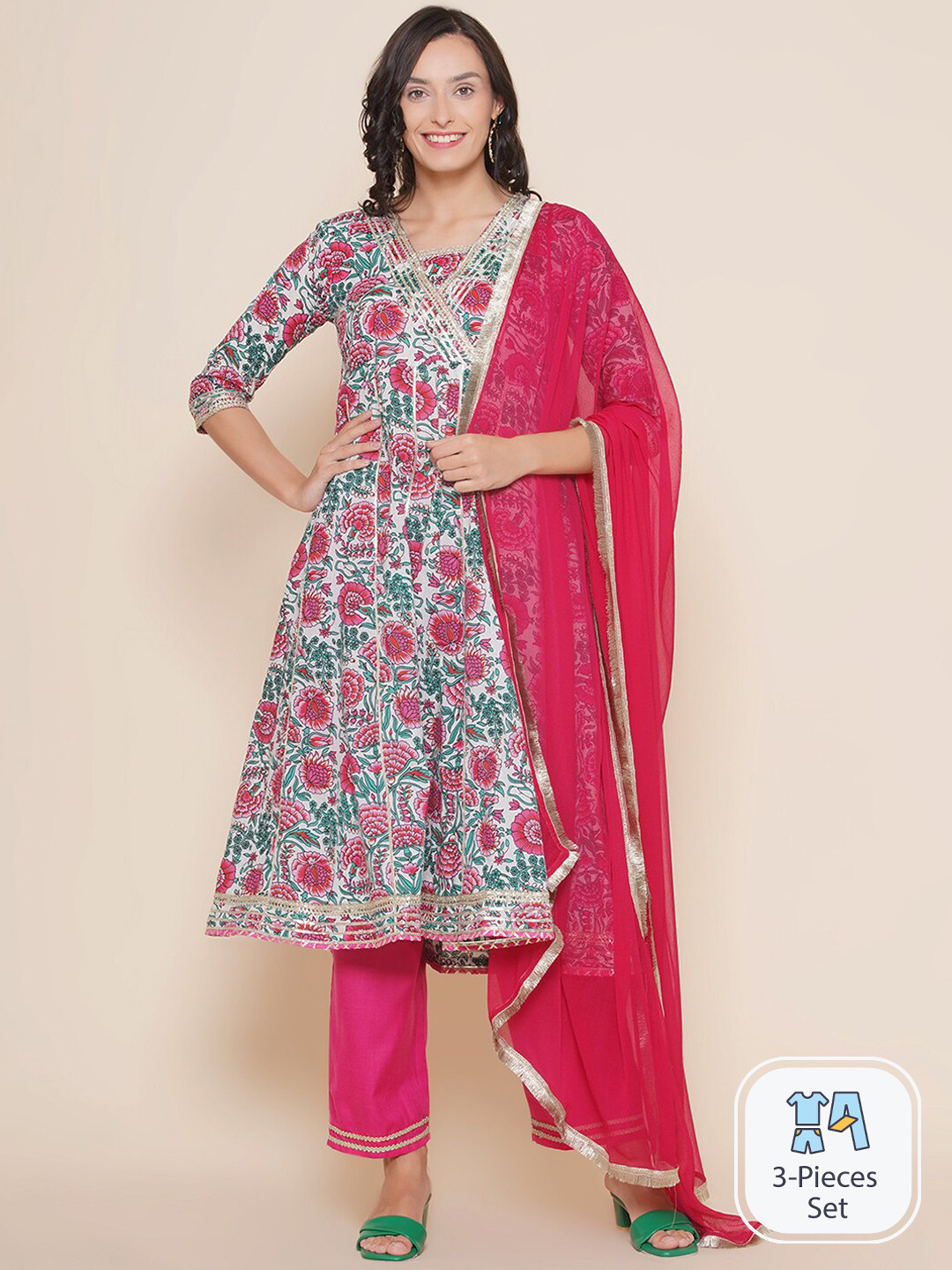 

Bhama Couture Floral Printed Gotta Patti Pure Cotton Kurta & Palazzos With Dupatta, White