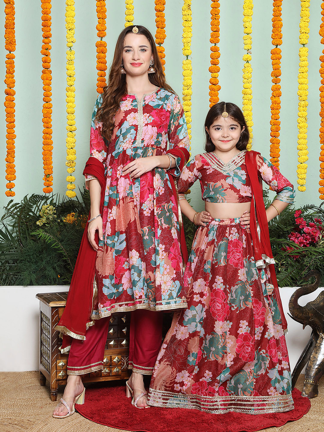 

Bhama Couture Floral Printed Chanderi Silk Kurta & Palazzos With Dupatta, Maroon