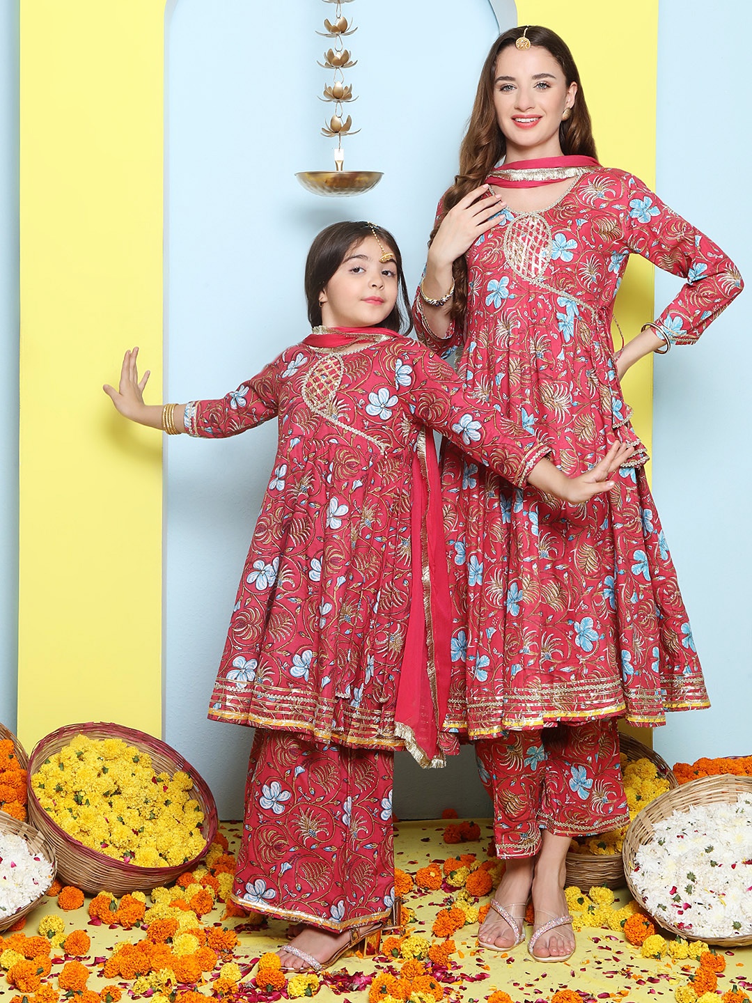 

Bhama Couture Floral Printed Angrakha Anarkali Kurta & Trousers With Dupatta, Pink