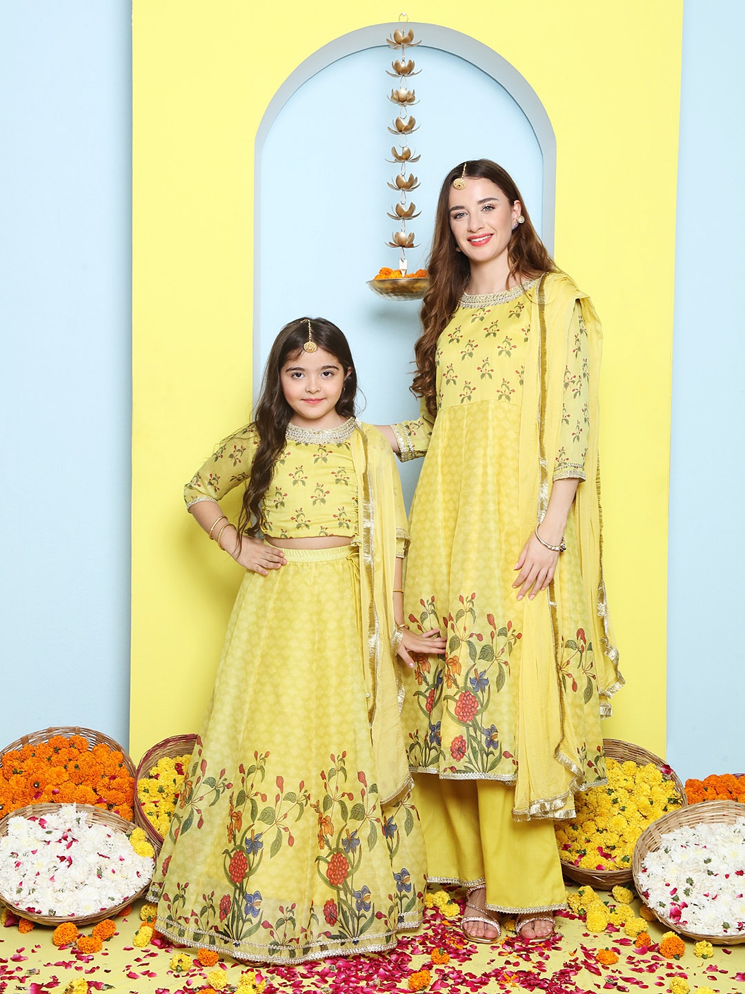 

Bhama Couture Ethnic Motifs Printed Sequinned Anarkali Kurta & Palazzos With Dupatta, Yellow