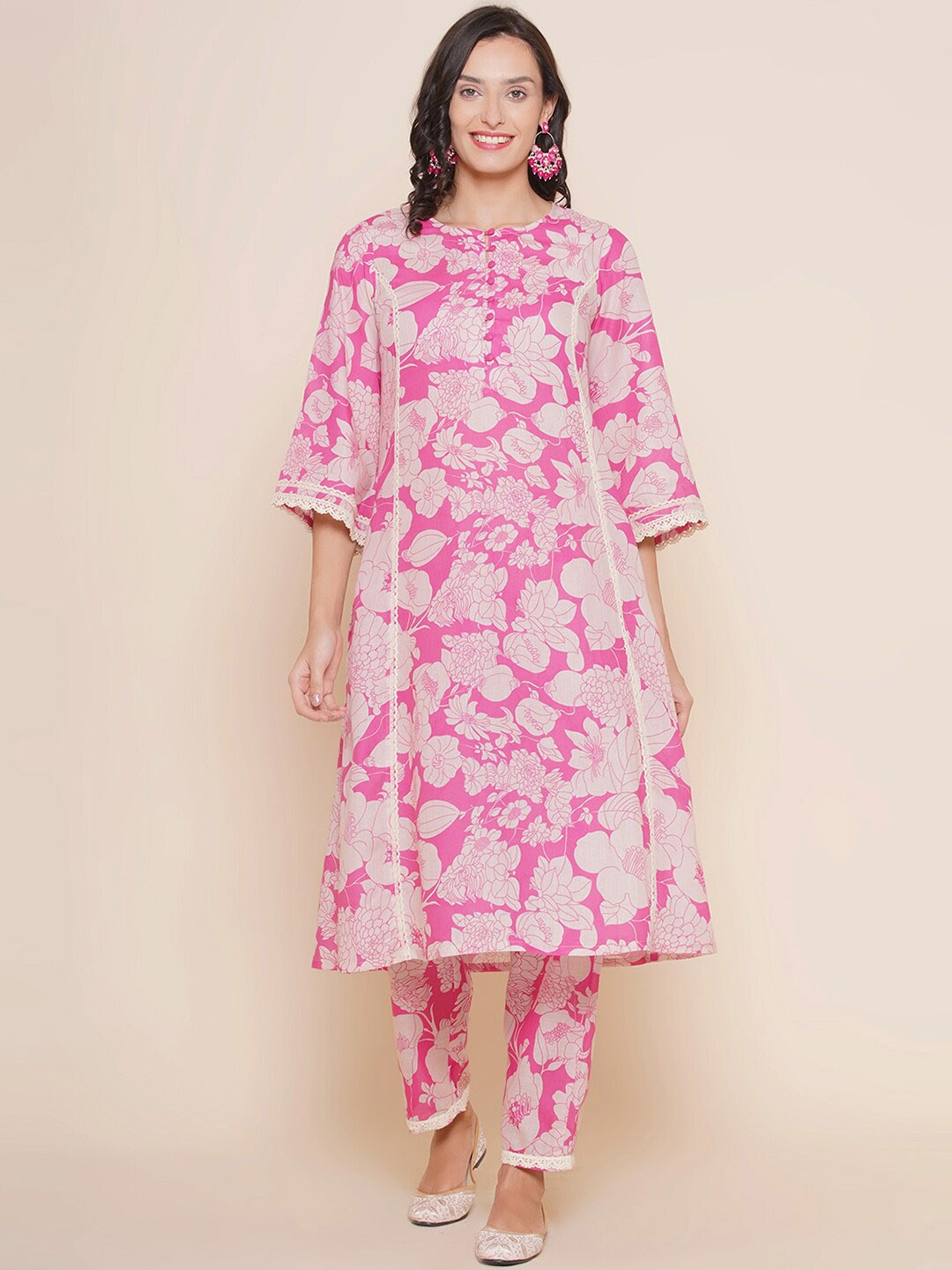 

Bhama Couture Floral Printed Panelled A-Line Kurta with Trousers, Pink