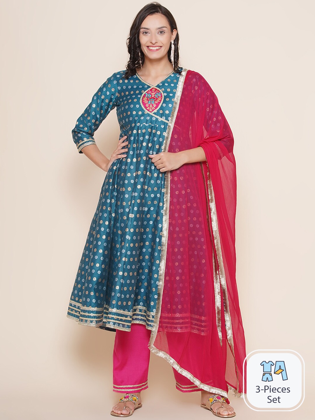 

Bhama Couture Ethnic Motis Printed Anarkali Kurta & Trousers With Dupatta, Blue