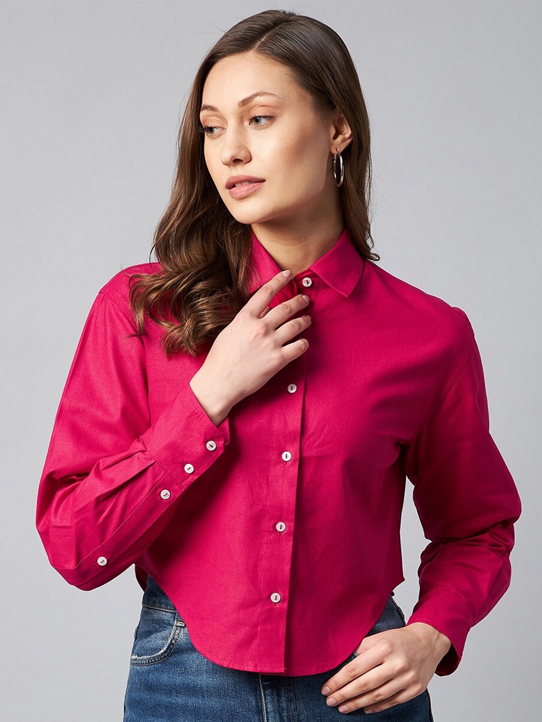 

Chemistry Spread Collar Cotton Crop Casual Shirt, Pink