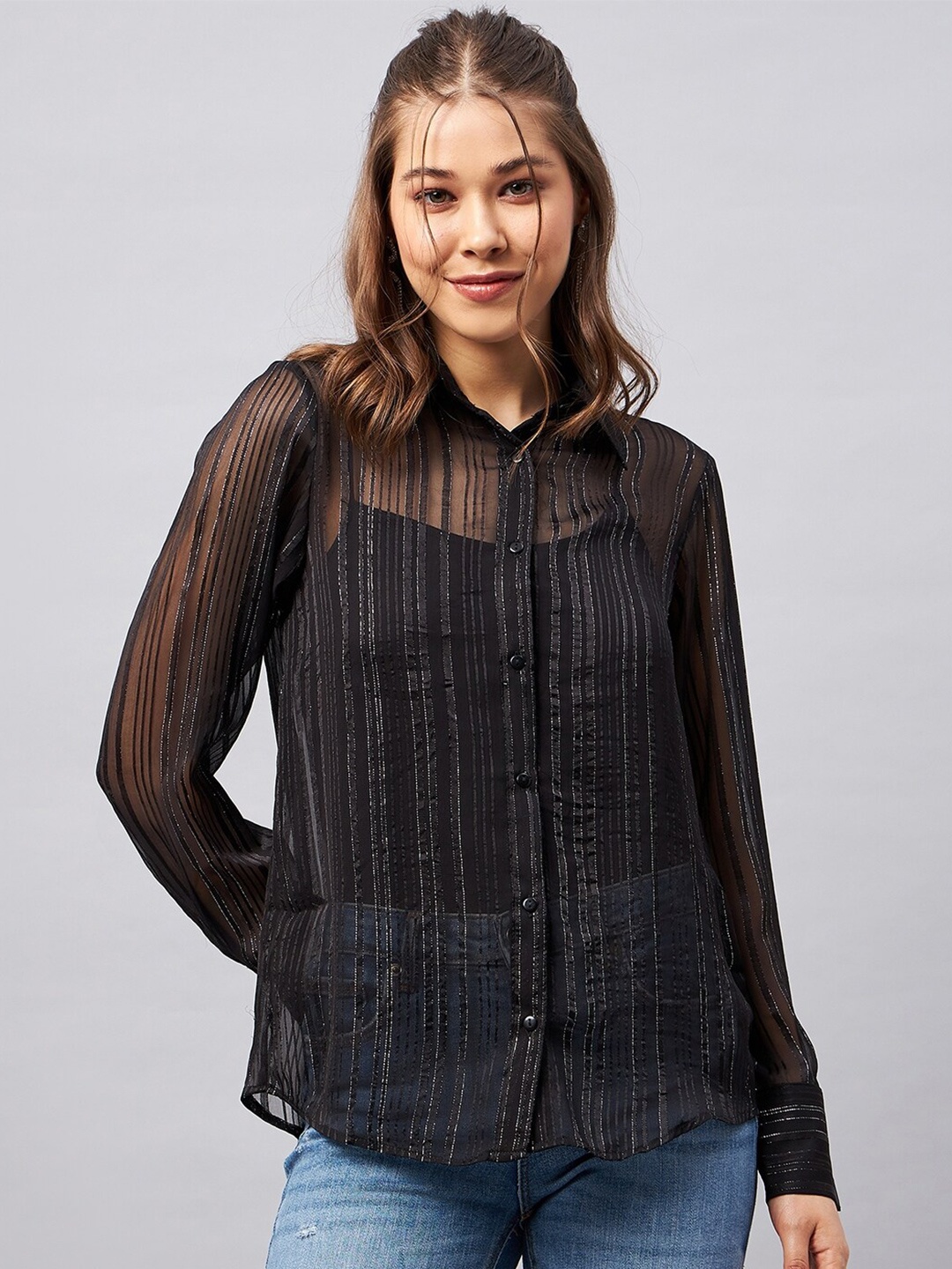

Chemistry Striped Embellished Sheer Casual Shirt, Black