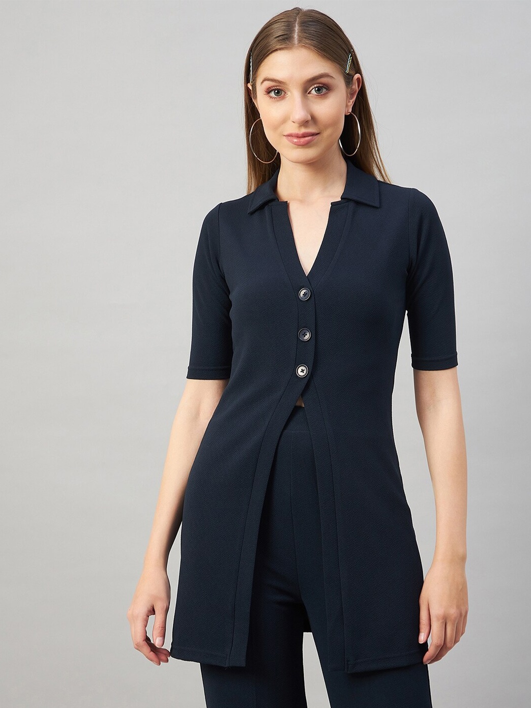 

Chemistry Spread Collar Casual Longline Shirt, Navy blue