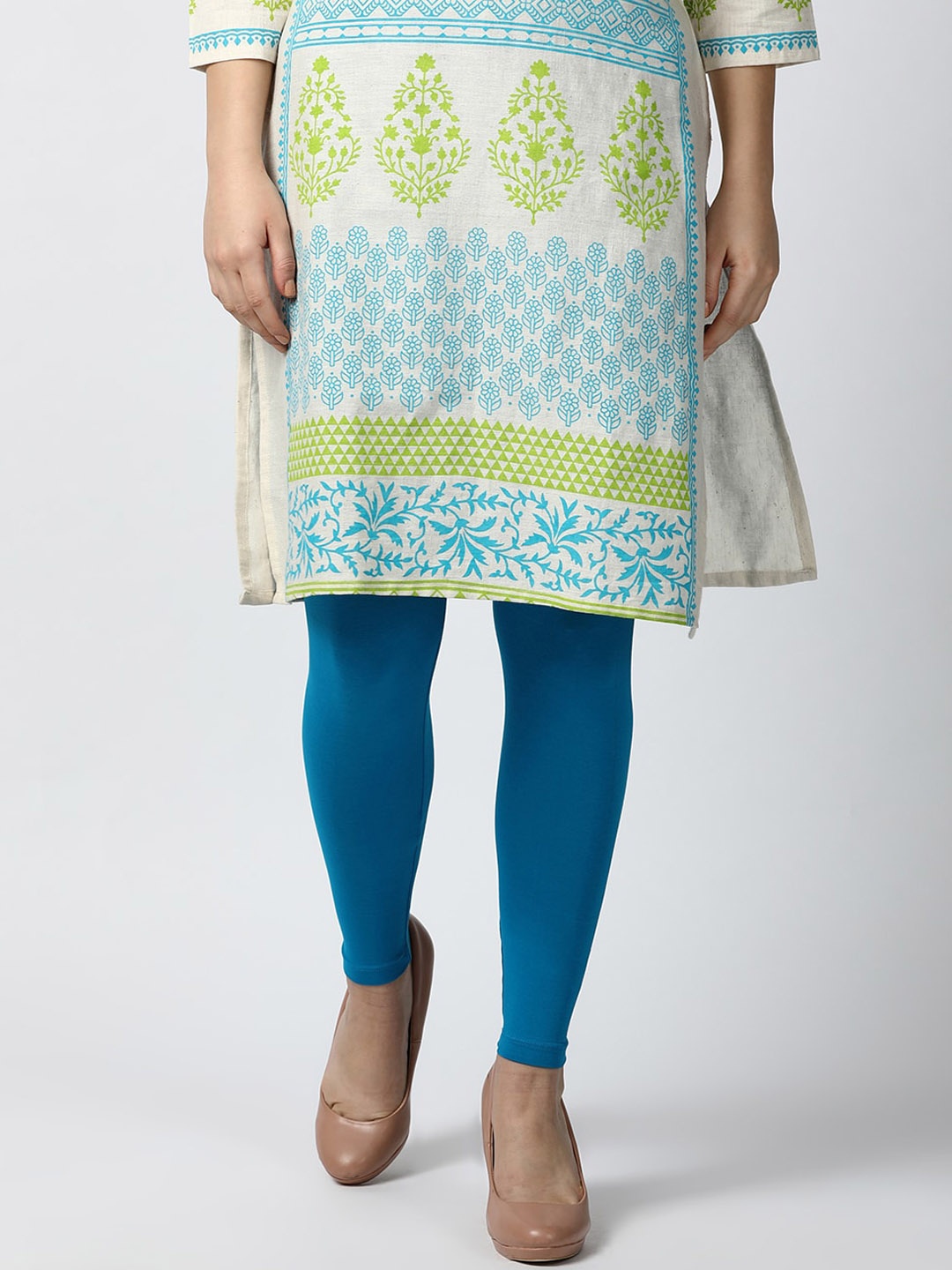 

GOLDSTROMS Ankle Length Stretchable Cotton leggings, Turquoise blue