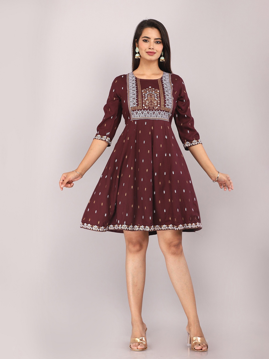 

MARISY Ethnic Motifs Printed Fit & Flare Dress, Brown