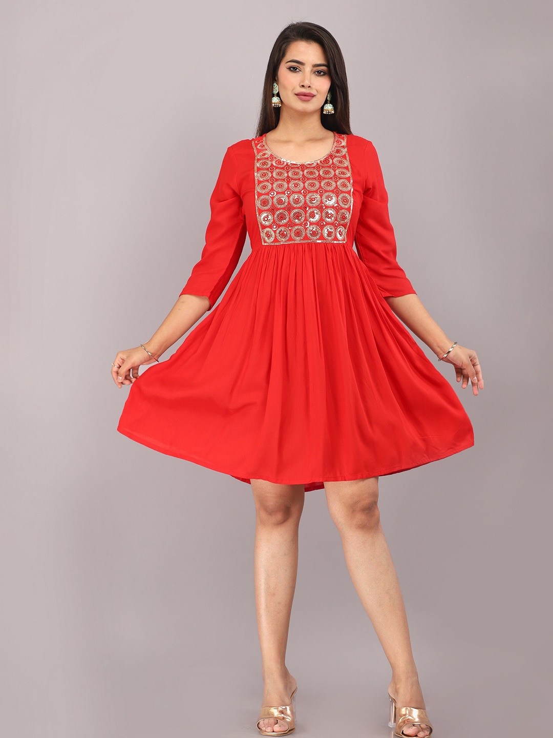 

MARISY Embellished Fit & Flare Dress, Red