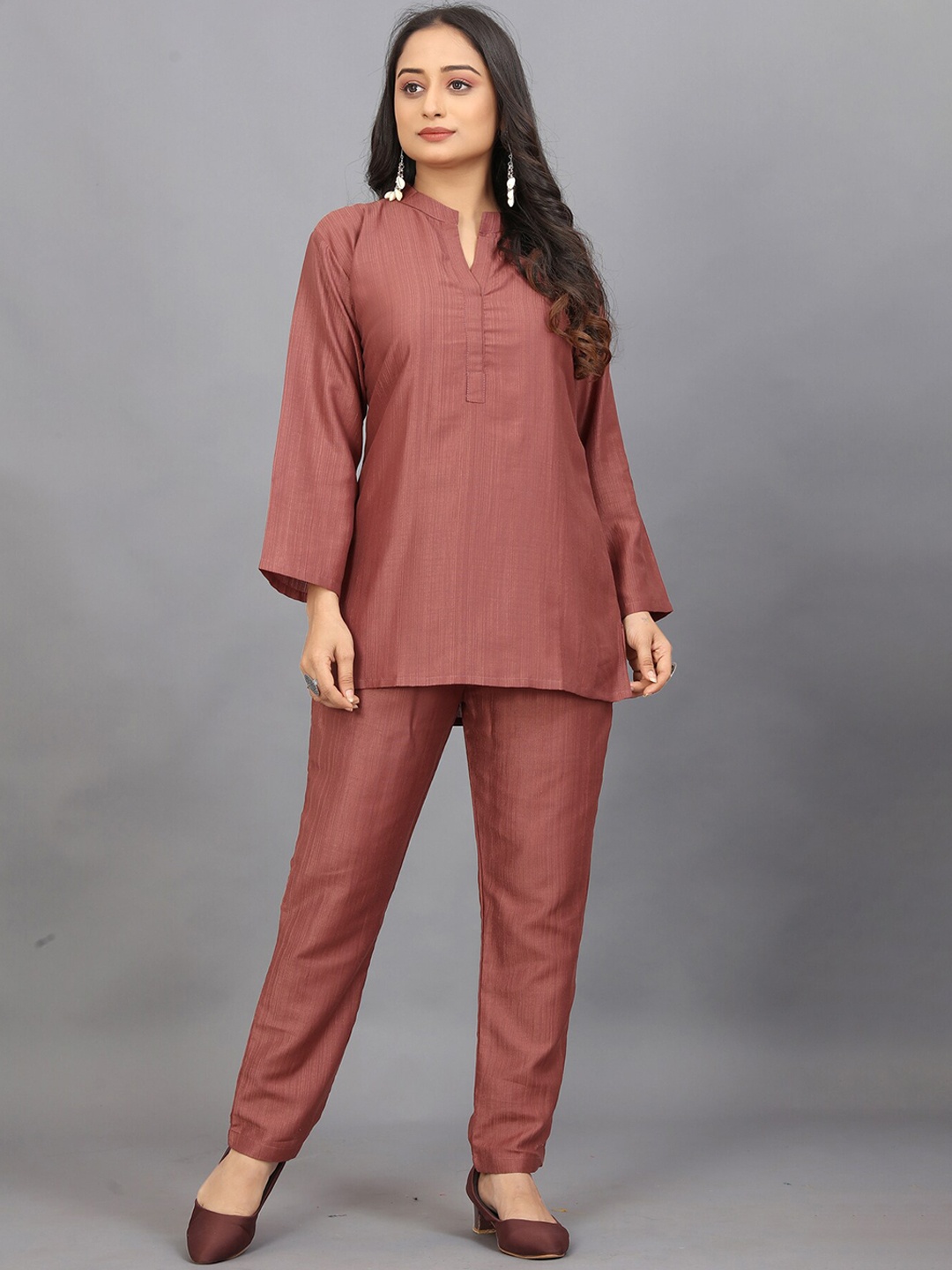 

Pari THE FASHION STUDIO Mandarin Collar Top & Trouser Co-Ords, Copper