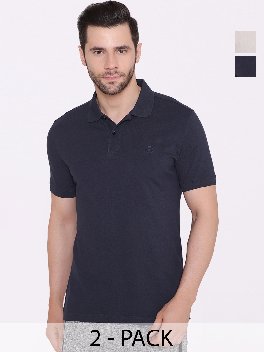 

BODYACTIVE Pack Of 2 Polo Collar Cotton T-shirts, Navy blue