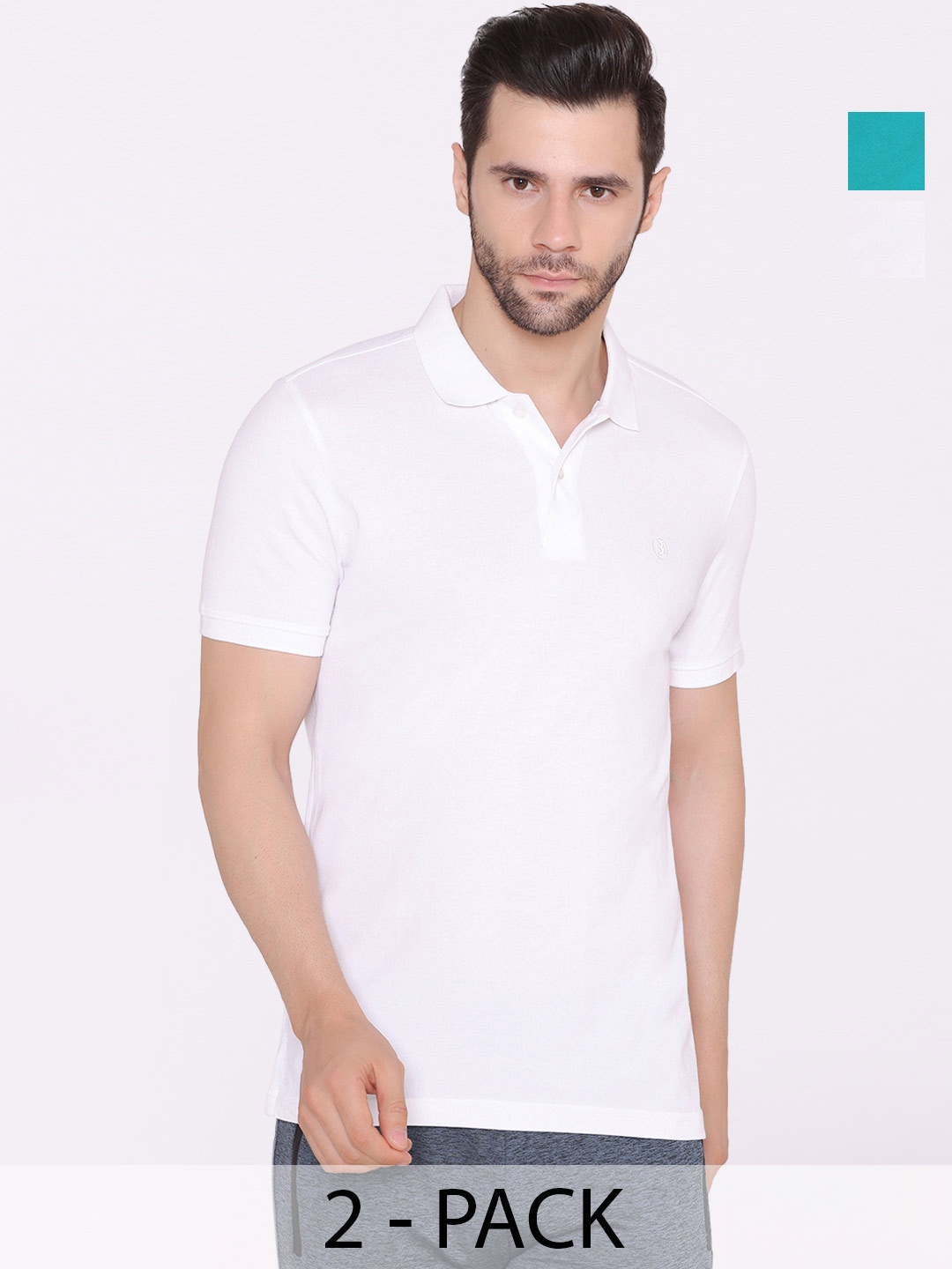 

BODYACTIVE Pack Of 2 Polo Collar Cotton T-shirt, White