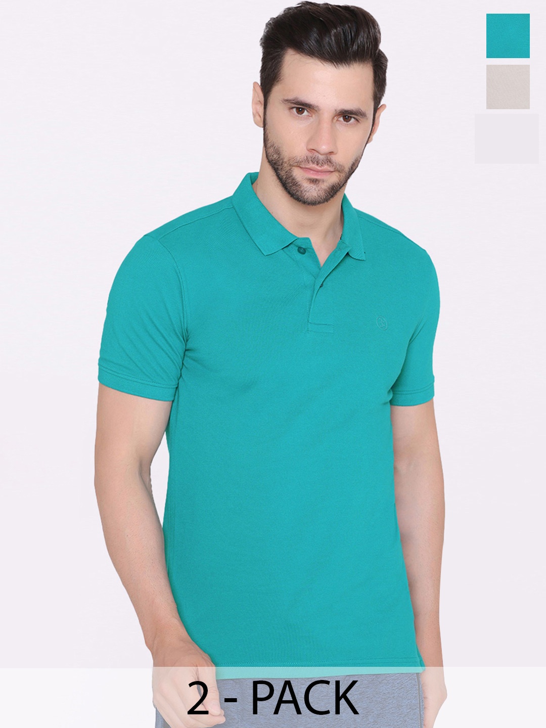 

BODYACTIVE Pack of 2 Polo Collar Cotton T-shirt, Turquoise blue