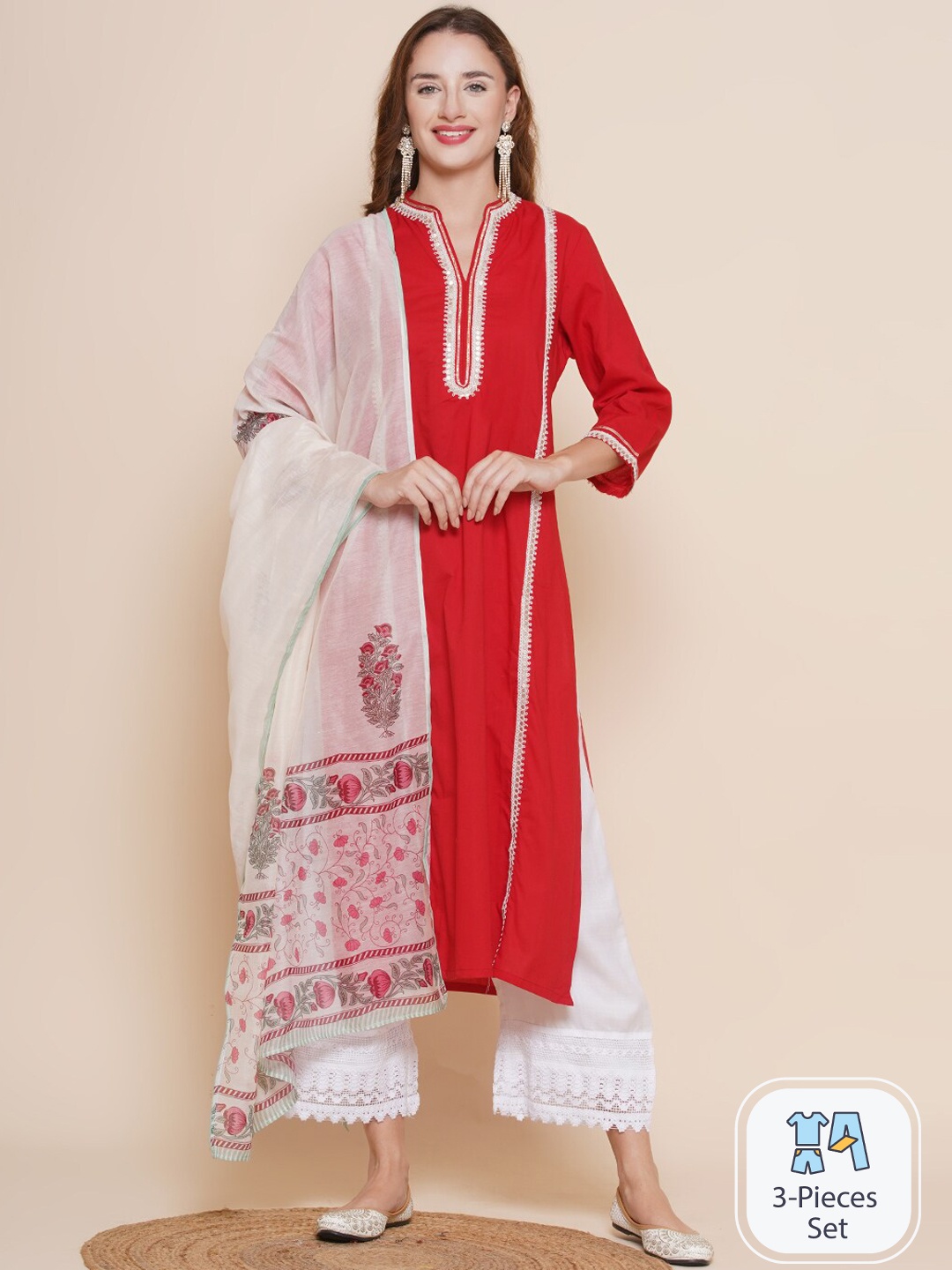 Bhama Couture Ethnic Motifs Yoke Design Sequinned Kurta & Palazzos With Dupatta, Red