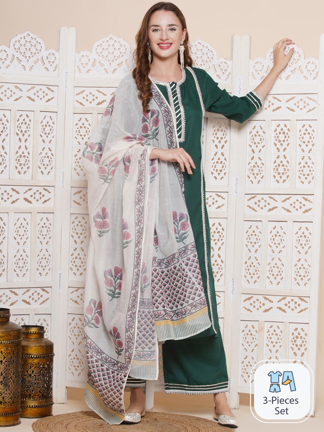 

Bhama Couture Sequinned Detail Straight Kurta & Palazzos With Dupatta, Green