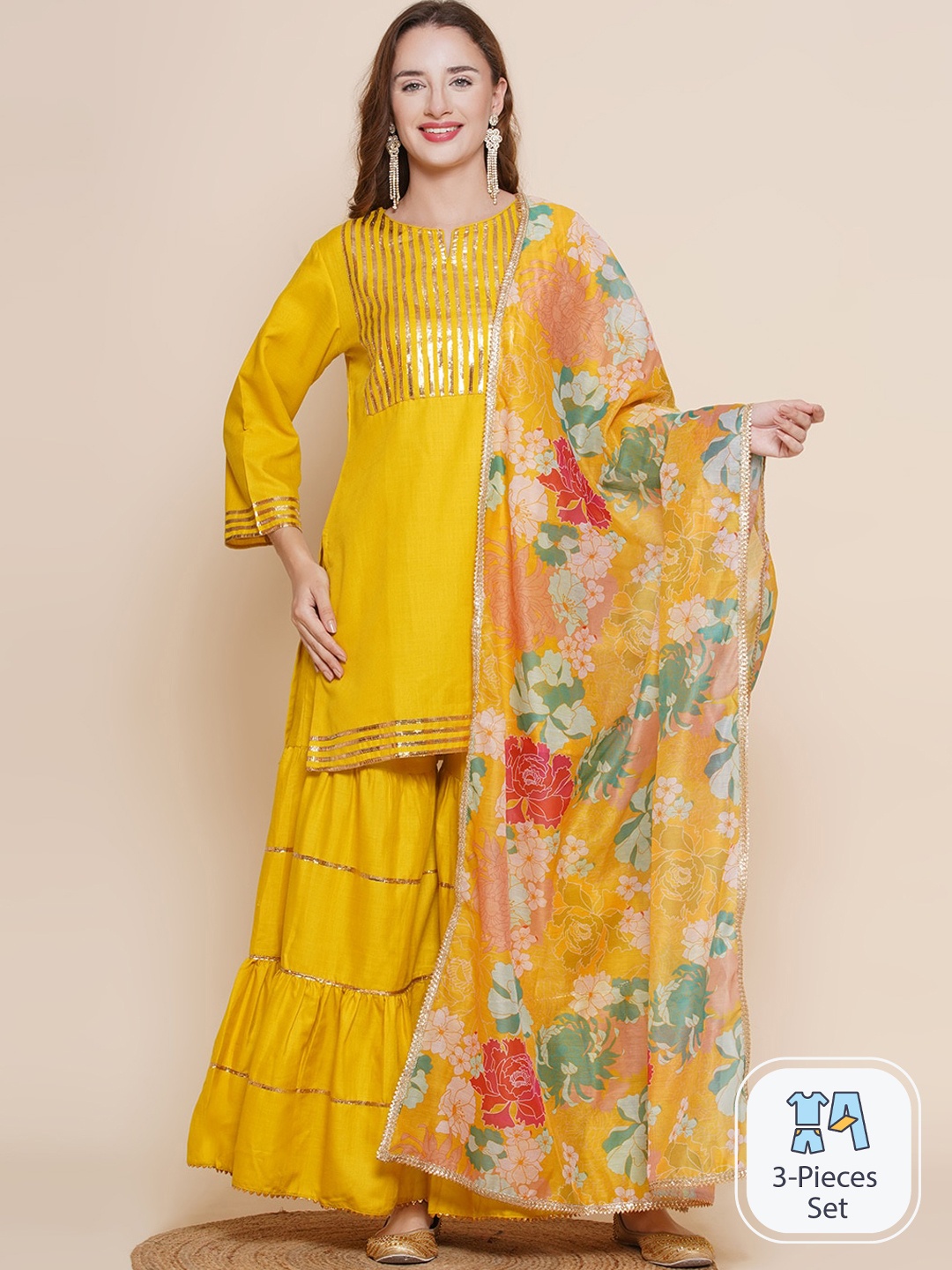 

Bhama Couture Yoke or Border Gotta Patti Kurti & Sharara With Dupatta, Yellow
