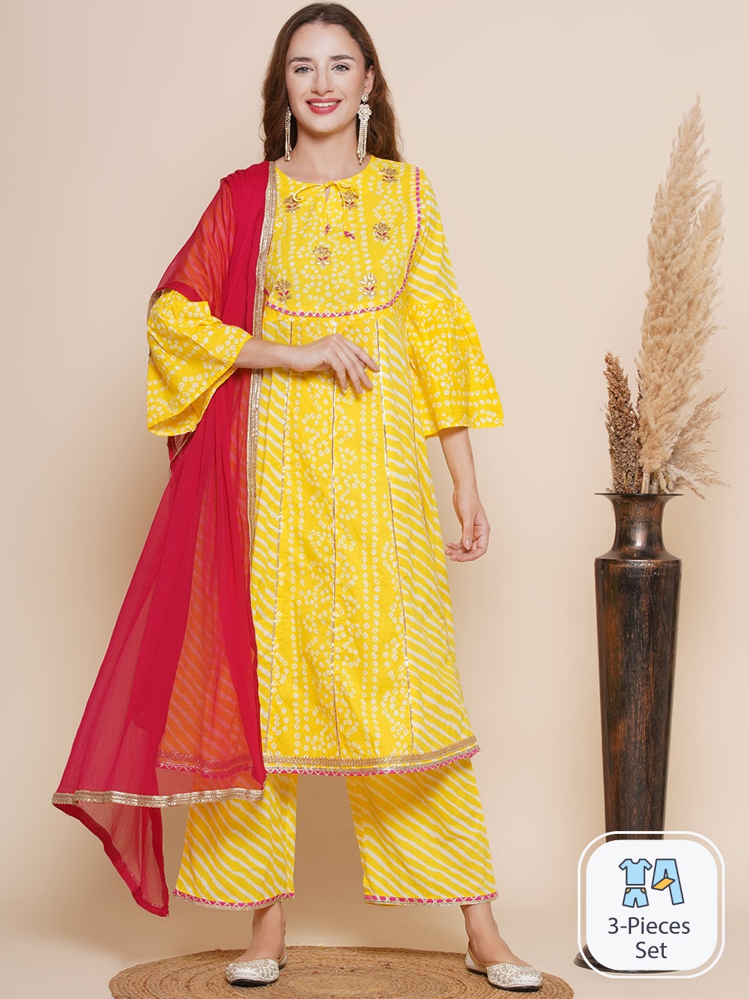 

Bhama Couture Bandhani Printed Pure Cotton Kurta & Palazzos With Dupatta, Yellow