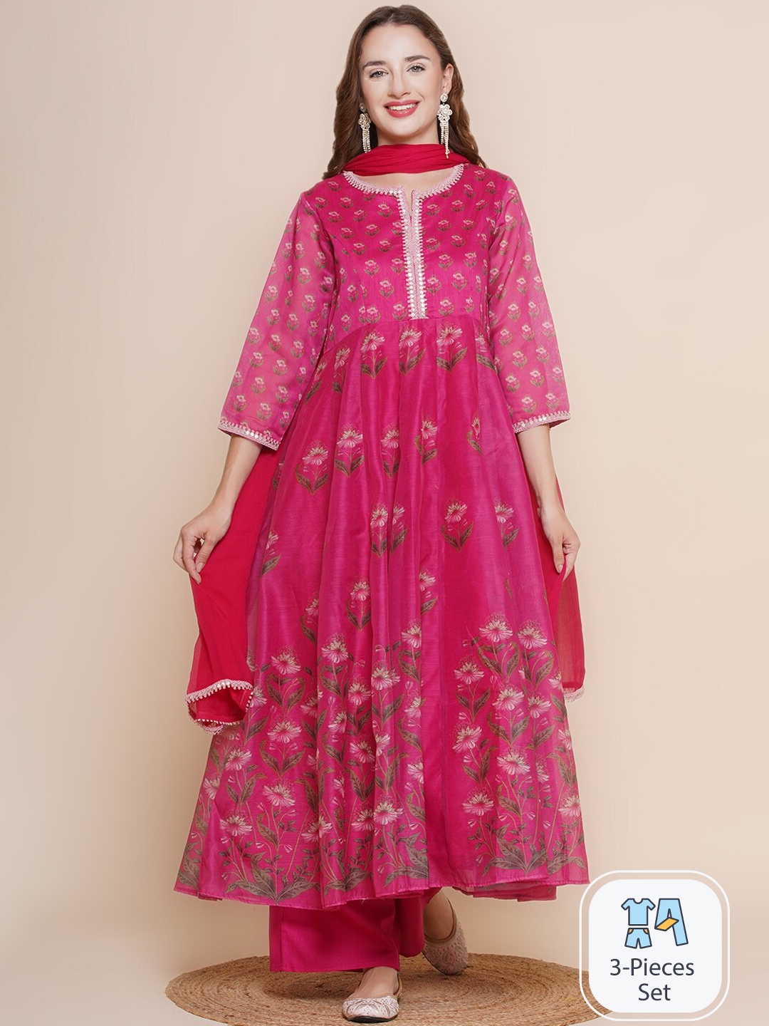 

Bhama Couture Ethnic Motifs Printed Sequinned Anarkali Kurta & Palazzos With Dupatta, Pink