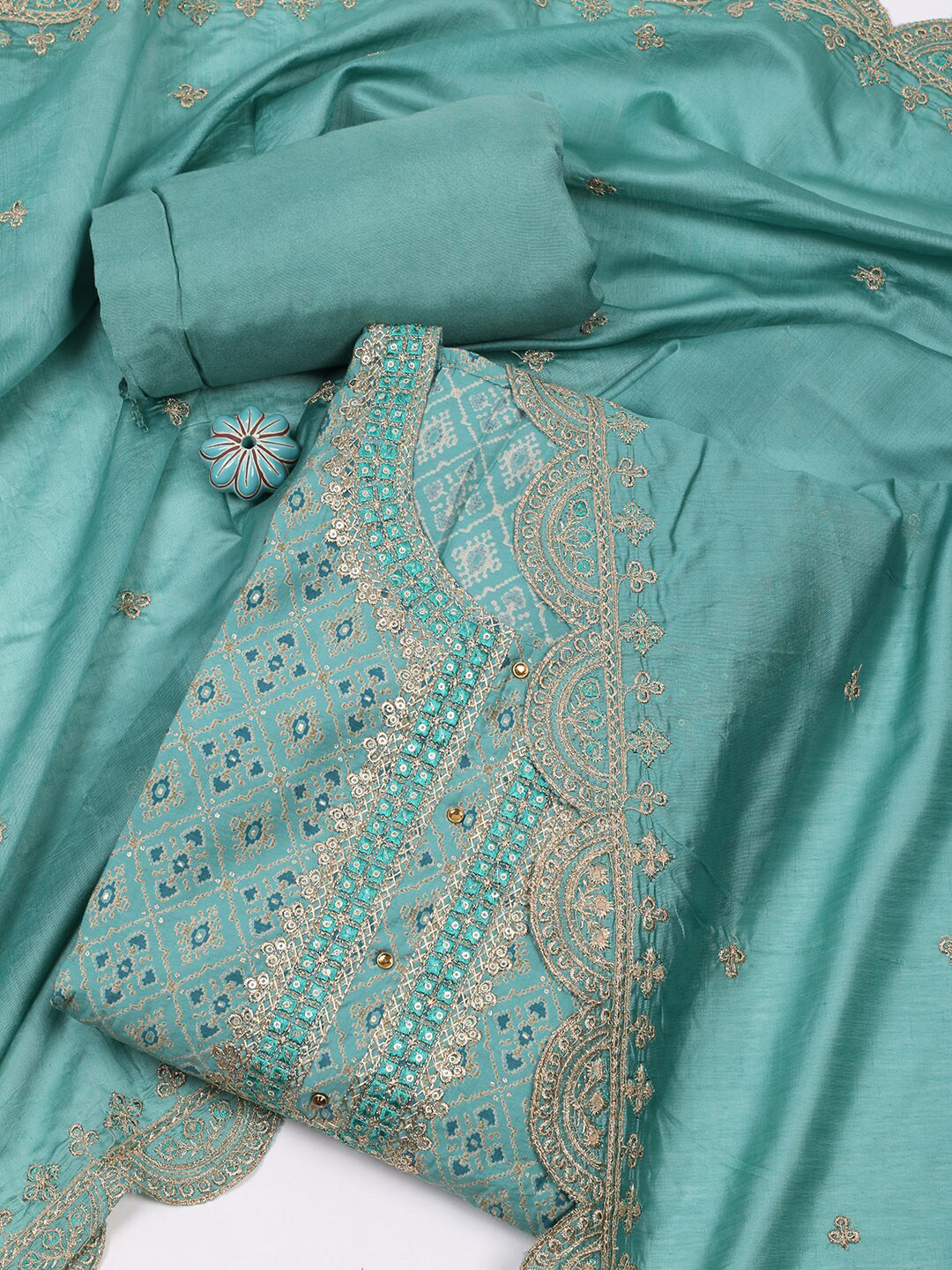 

Meena Bazaar Ethnic Motif Printed Sequinned Unstitched Dress Material, Sea green