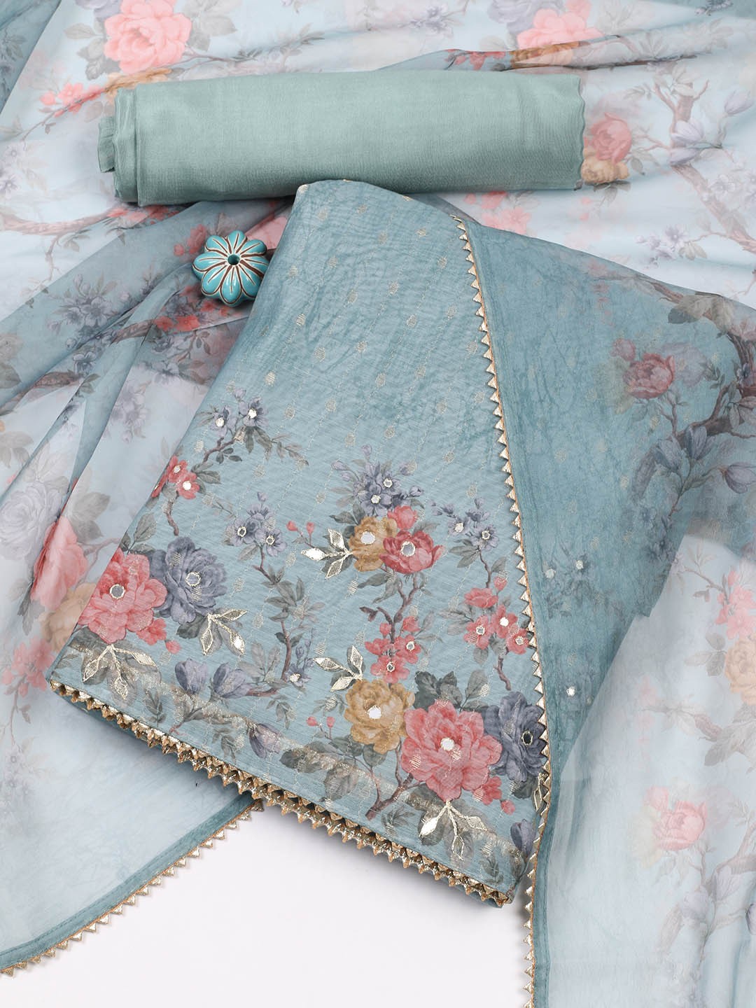 

Meena Bazaar Floral Printed Mirror Work Unstitched Dress Material, Sea green
