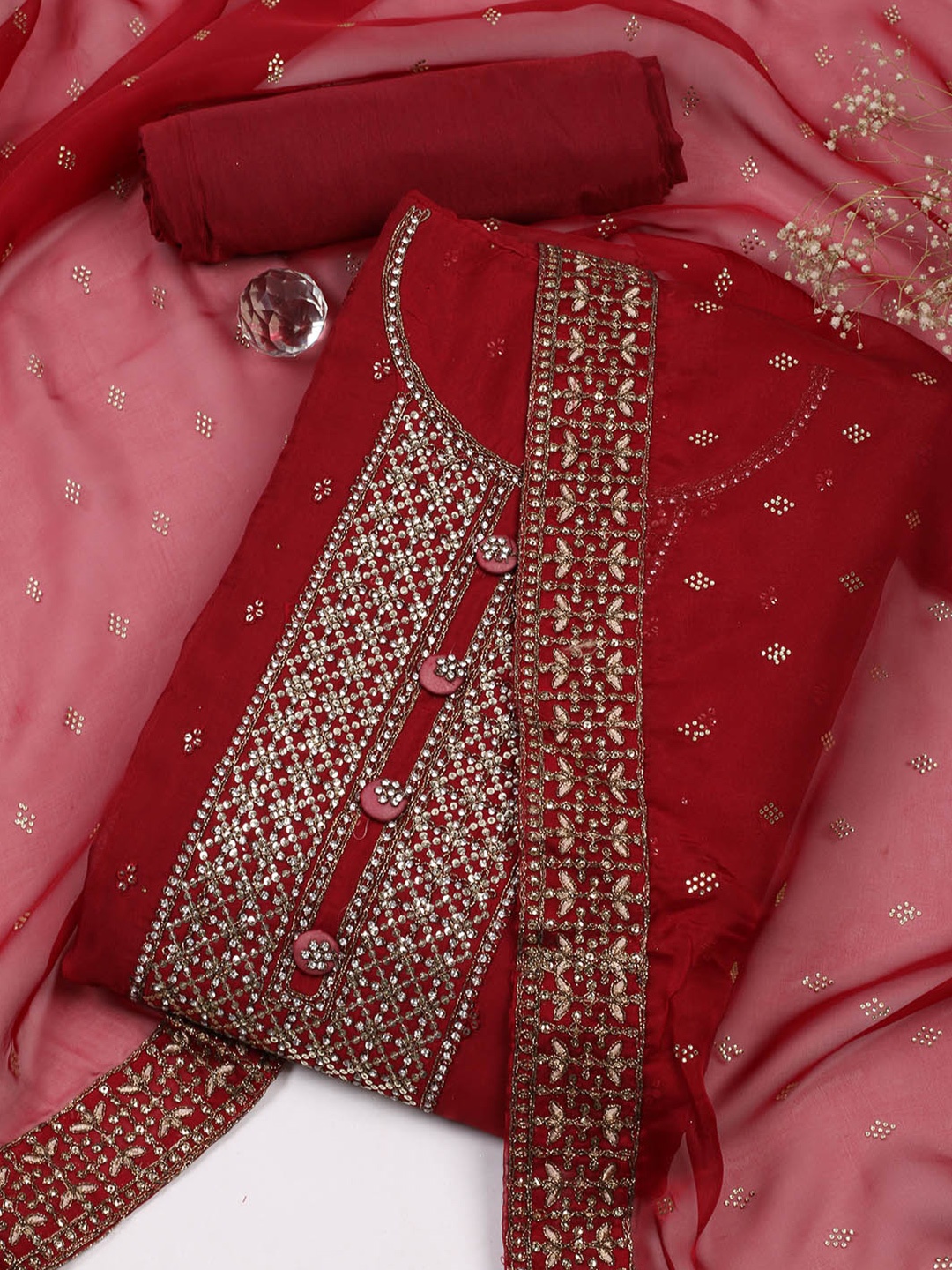 

Meena Bazaar Embellished Organza Unstitched Dress Material, Maroon