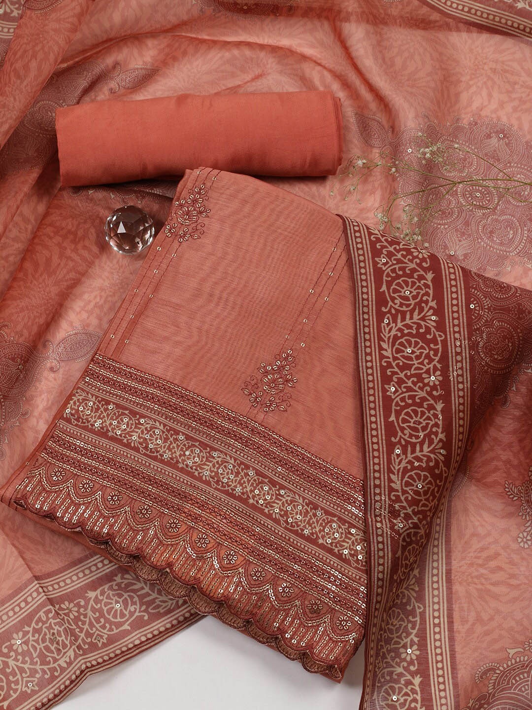 

Meena Bazaar Ethnic Motifs Embroidered Sequinned Unstitched Dress Material, Rust