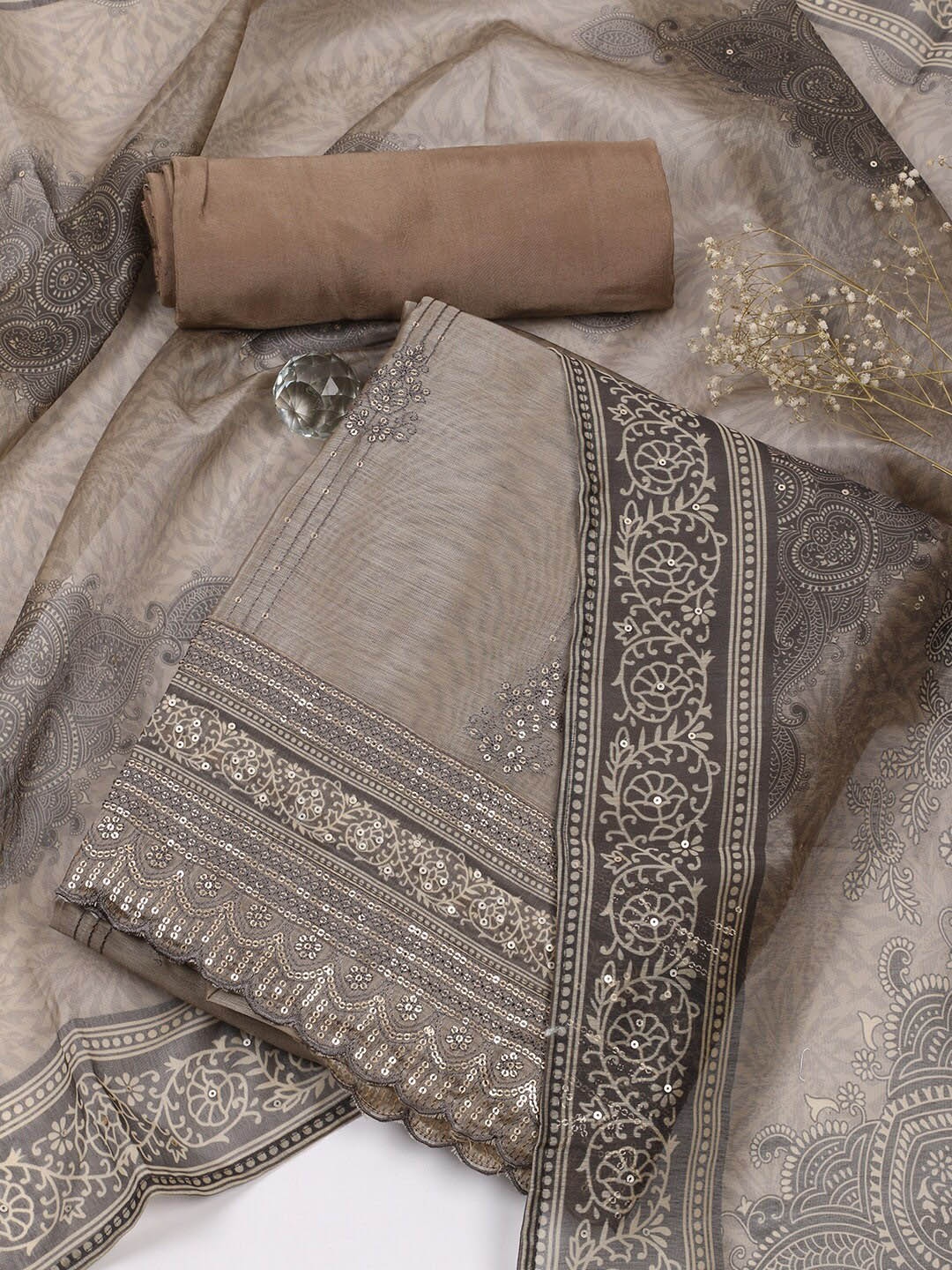 

Meena Bazaar Ethnic Motifs Printed Sequinned Unstitched Dress Material, Grey