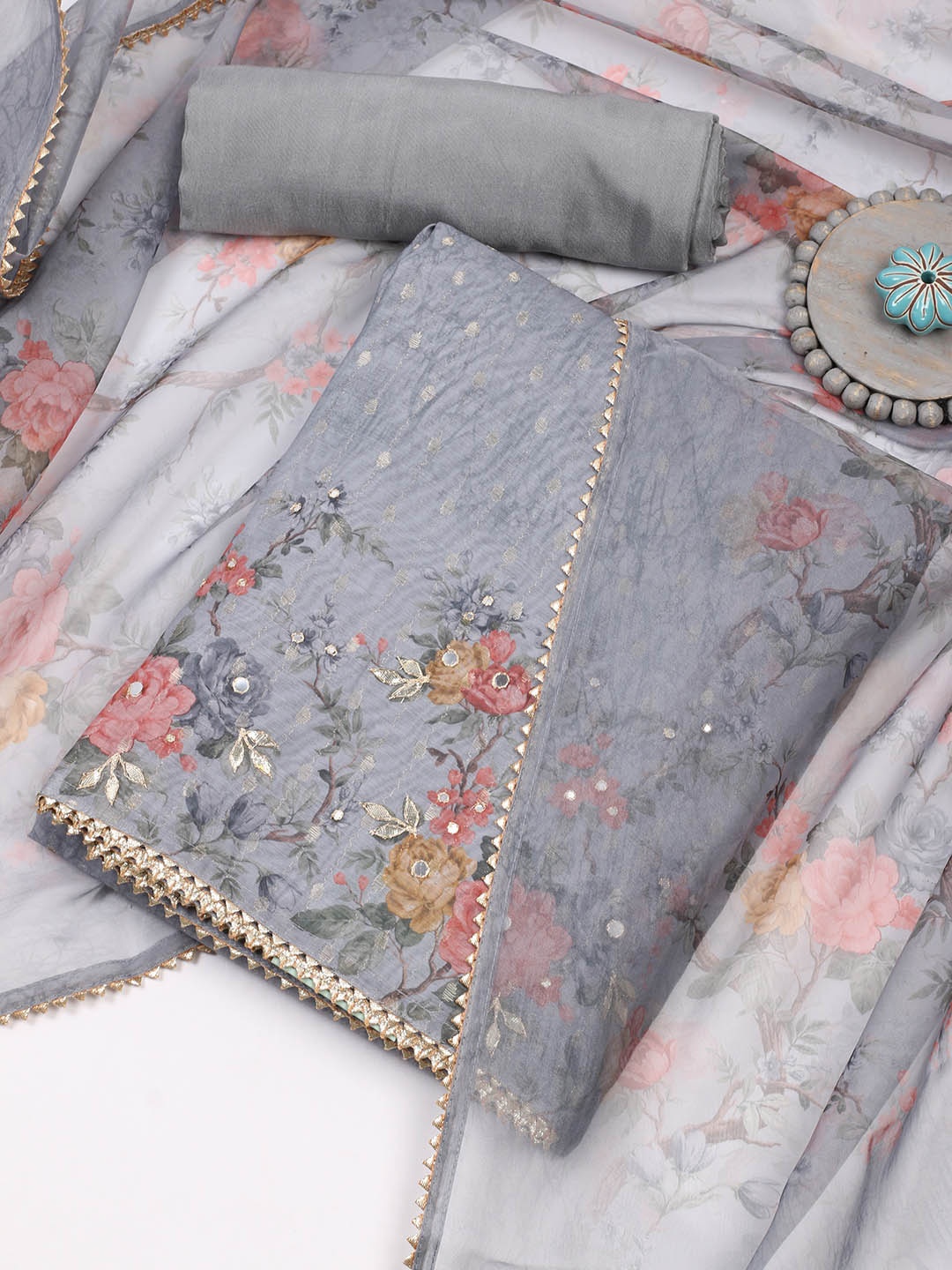 

Meena Bazaar Floral Printed Gotta Patti Unstitched Dress Material, Grey