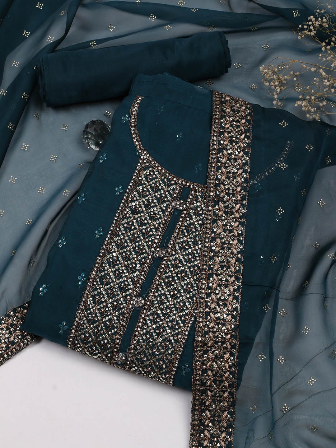 

Meena Bazaar Floral Embellished Sequined Organza Unstitched Dress Material, Teal