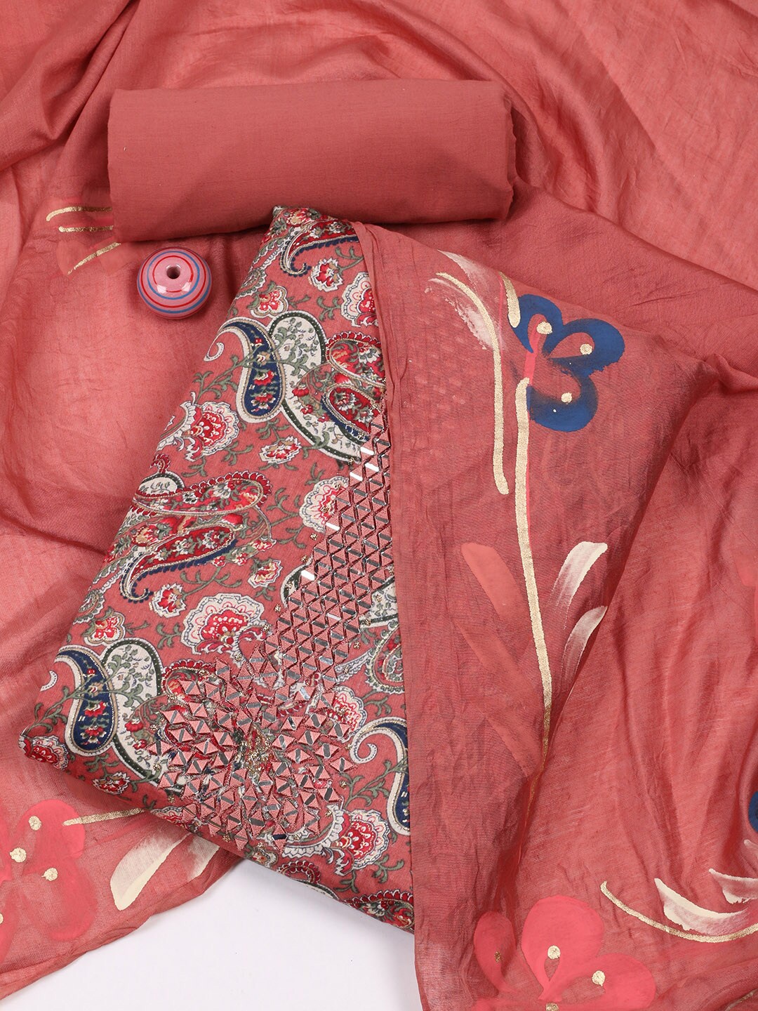 

Meena Bazaar Paisley Printed Mirror Work Unstitched Dress Material, Rust
