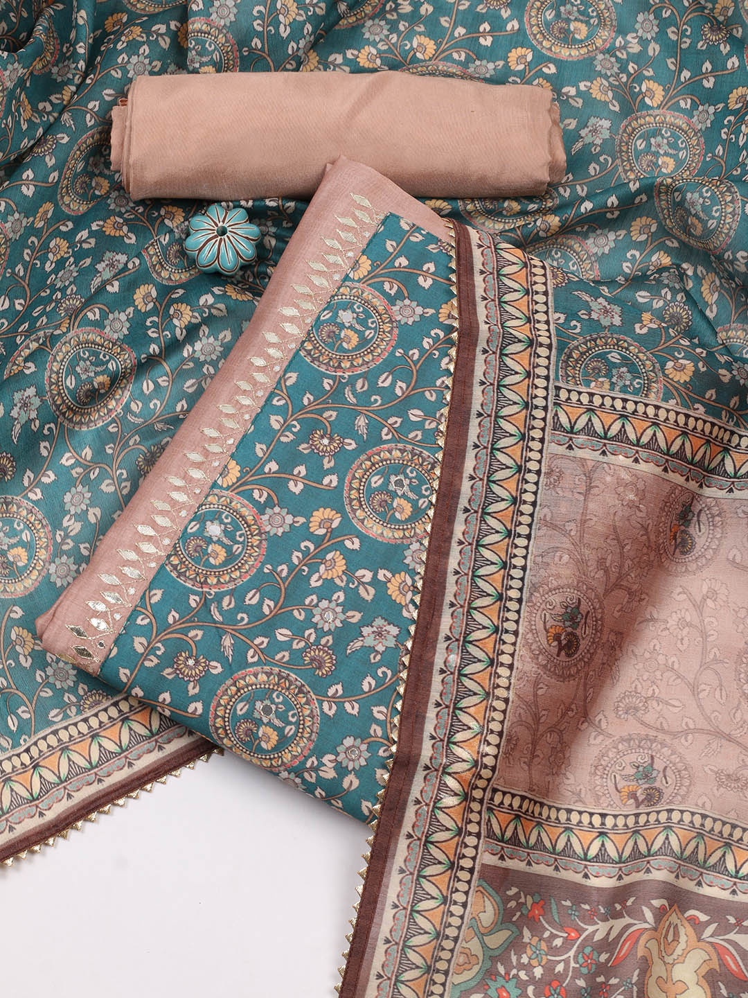 

Meena Bazaar Ethnic Motifs Printed Mirror Work Unstitched Dress Material, Coral