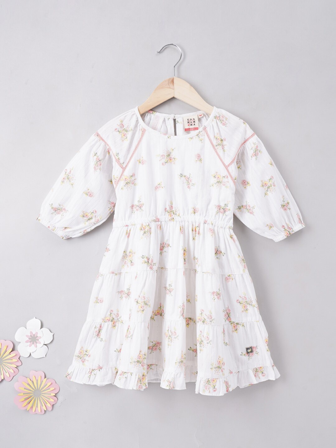 

Ed-a-Mamma Girls Floral Printed Puff Sleeves Pure Cotton A-Line Dress, White