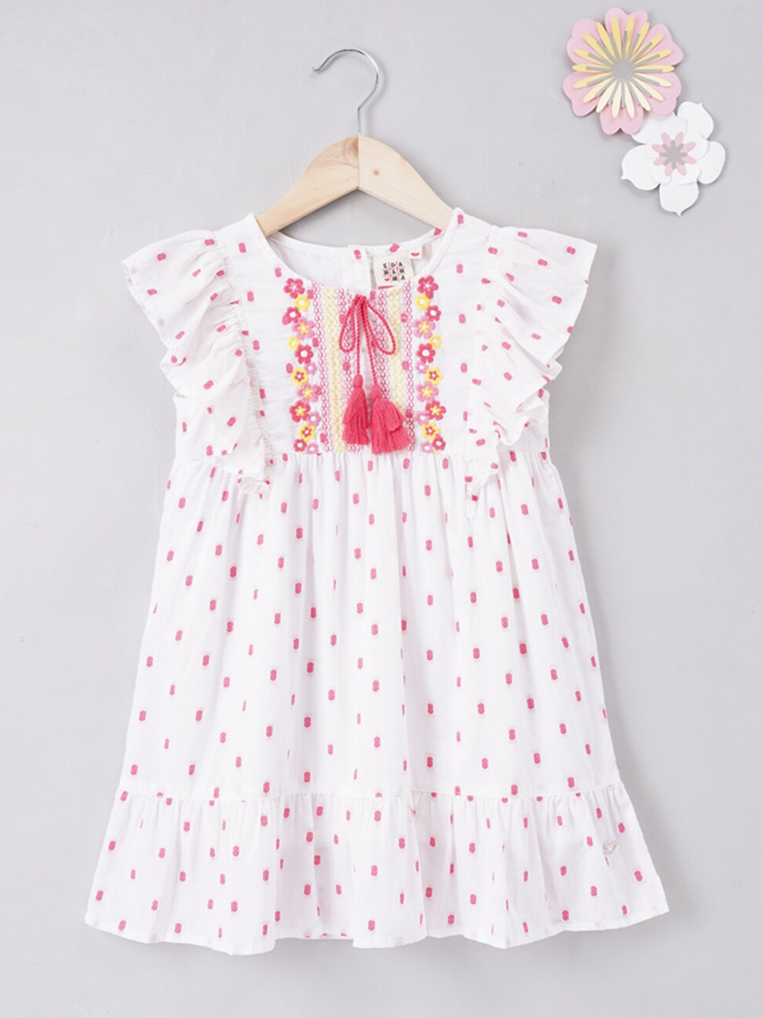 

Ed-a-Mamma Girls Floral Embroiered Tie-Up Neck Flutter Sleeve Pure Cotton Empire Dress, Off white