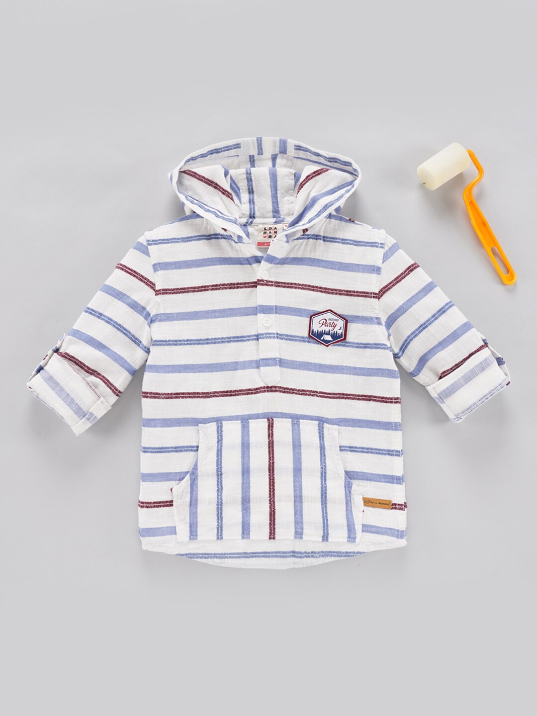 

Ed-a-Mamma Boys Horizontal Stripes Opaque Striped Cotton Casual Hooded Shirt, White