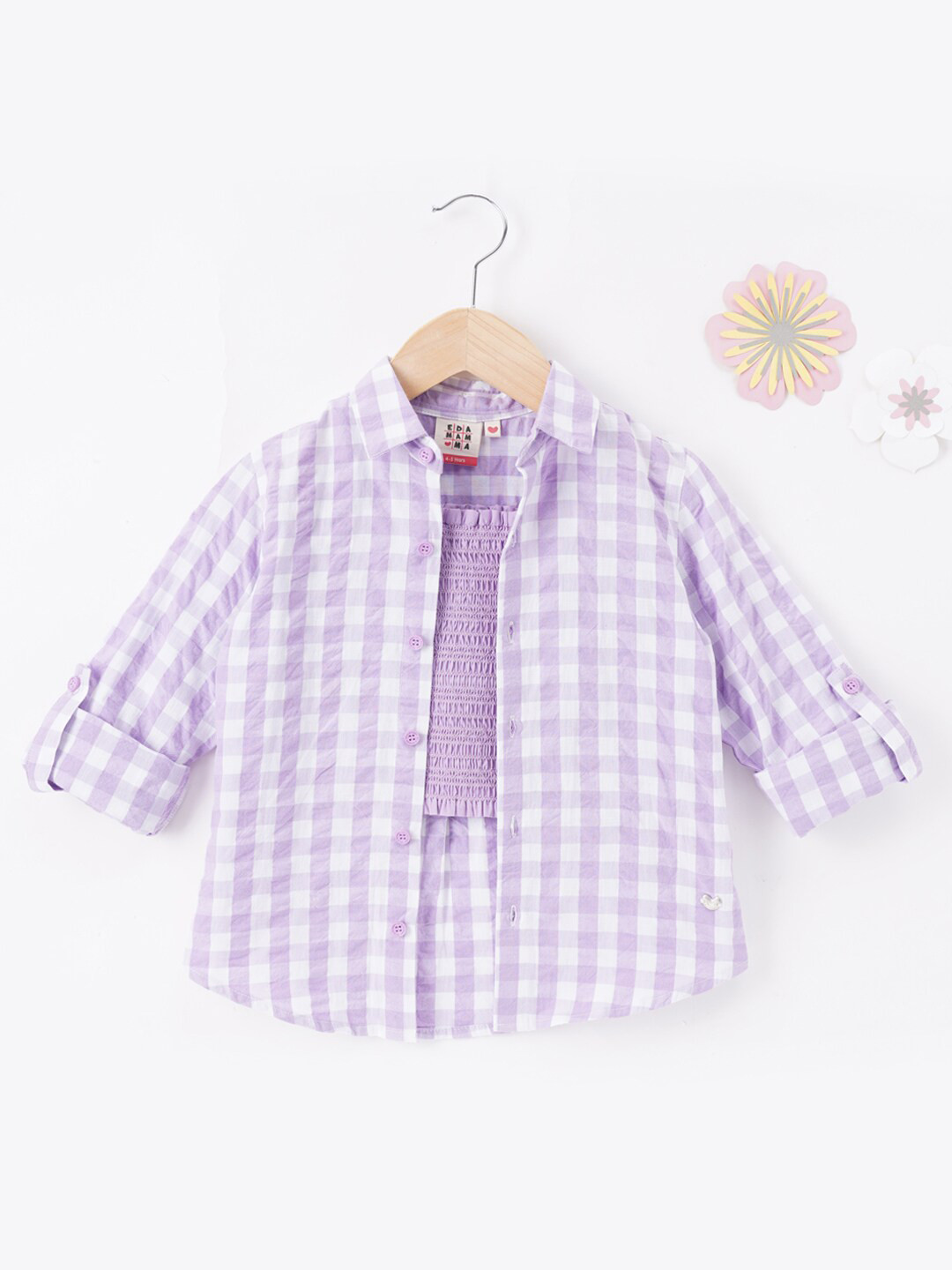 

Ed-a-Mamma Girls Gingham Checks Checked Cotton Casual Shirt With Top, Lavender