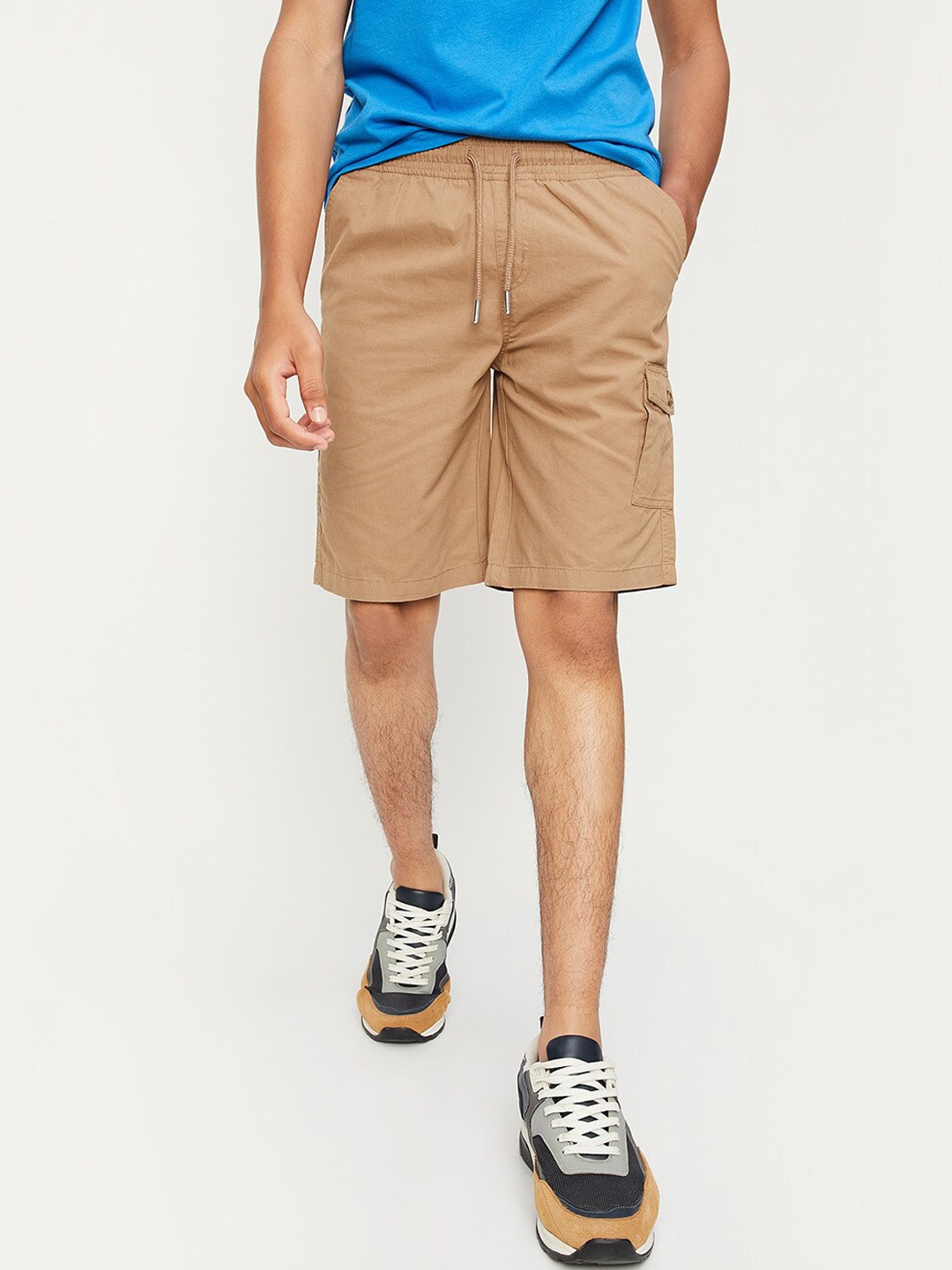 

max Boys Mid-Rise Pure Cotton Cargo Shorts, Brown