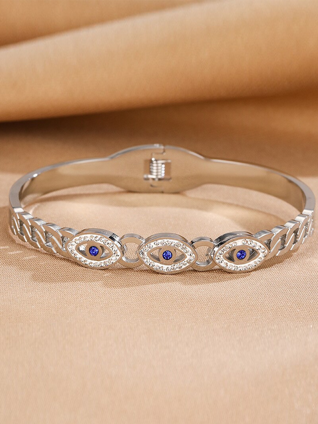 

MYKI Cubic Zirconia Stainless Steel Silver-Plated Cubic Zirconia Studded Kada Bracelet