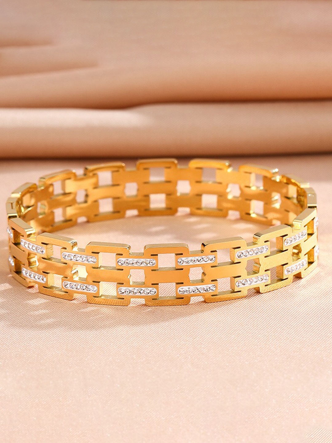 

MYKI Stainless Steel Cubic Zirconia Gold-Plated Cubic Zirconia Studded Kada Bracelet