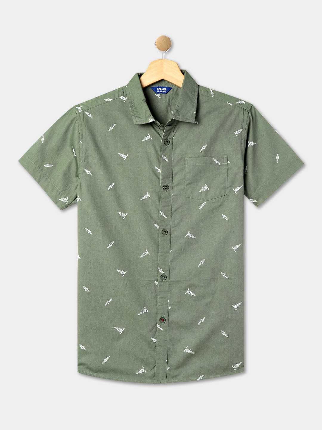 

R&B Boys Opaque Printed Cotton Casual Shirt, Green