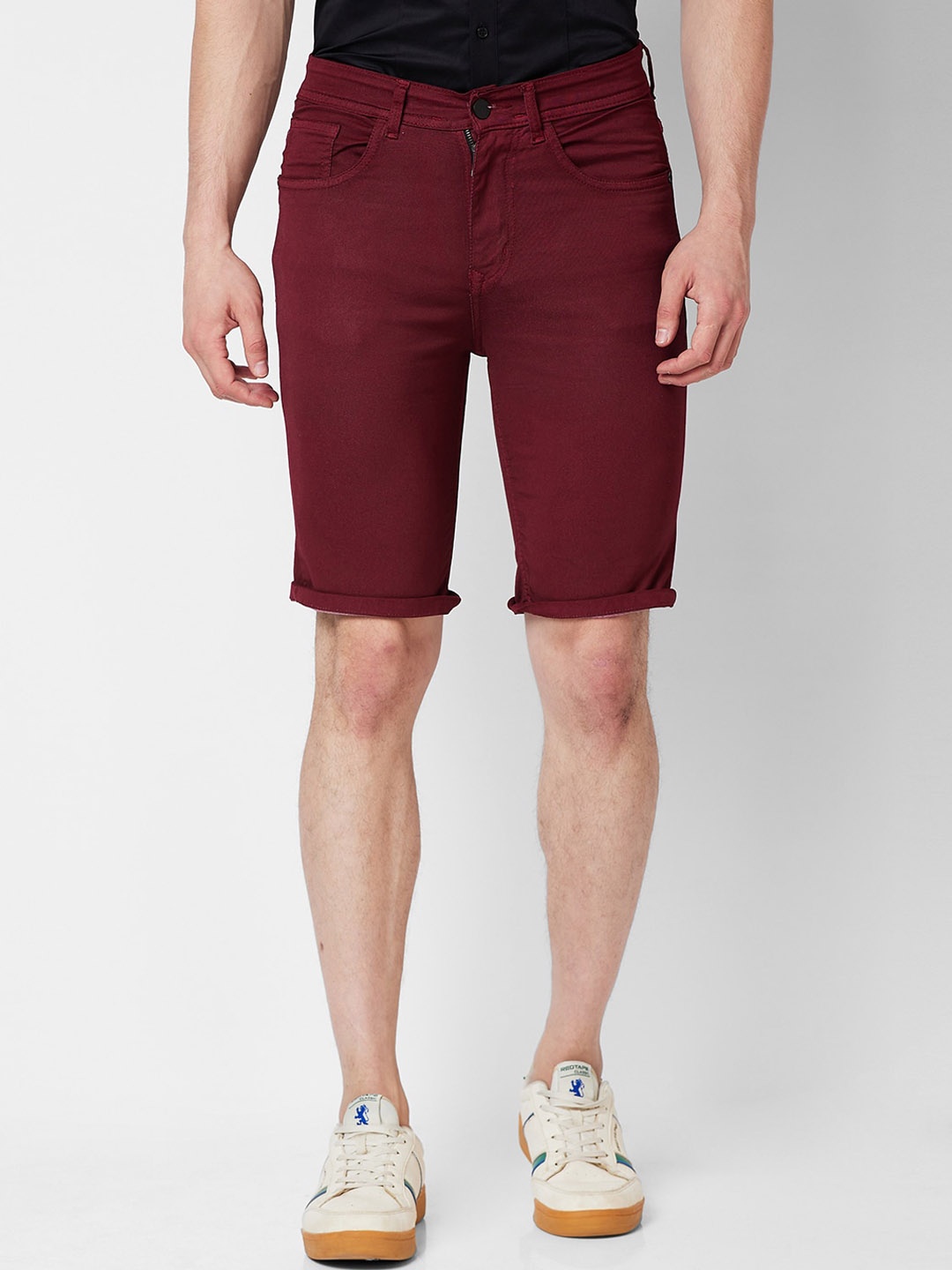 

mode de base Men Slim Fit Low-Rise Denim Shorts, Maroon